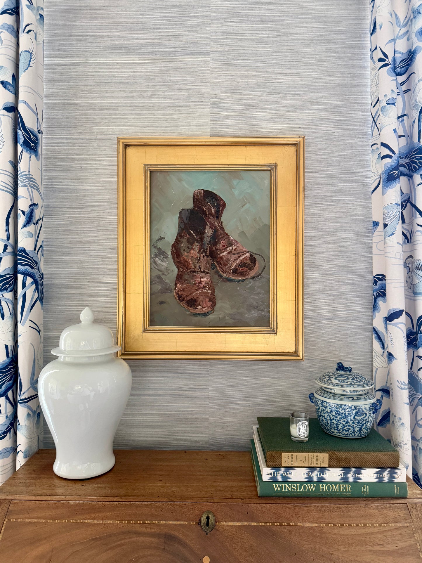 Vintage Impressionist Still Life of Brown Leather Boots Oil Painting in Gold Frame