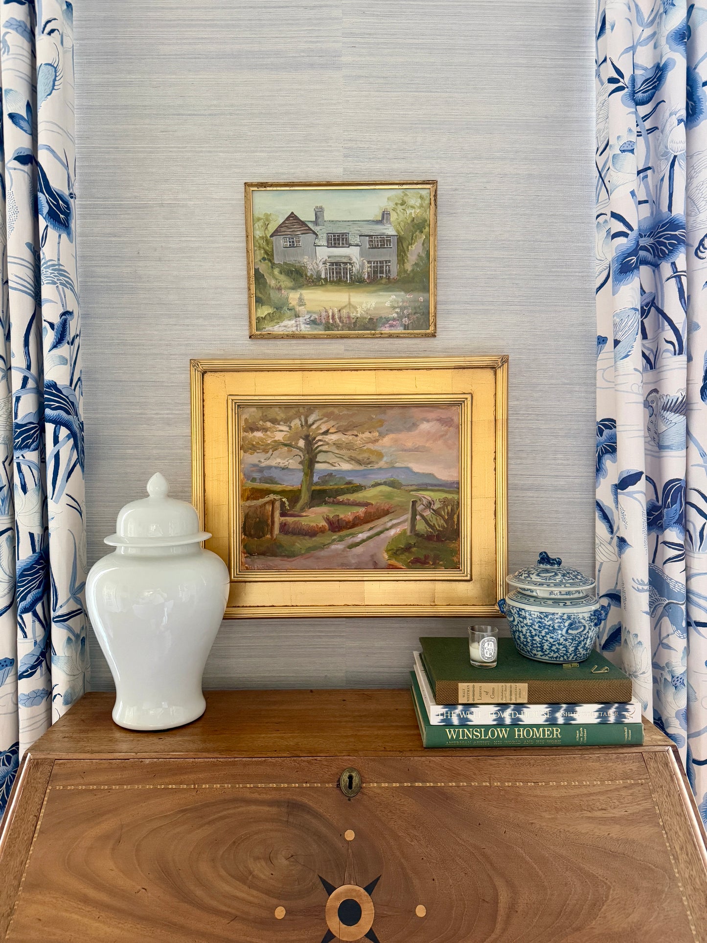 Vintage Pink Sky Garden Landscape Oil Painting in Gold Frame