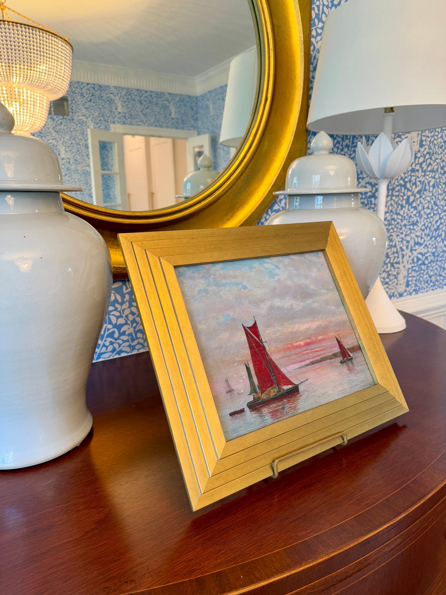 1963 Red Sailboats at Dusk Seascape Oil Painting in Gold Frame