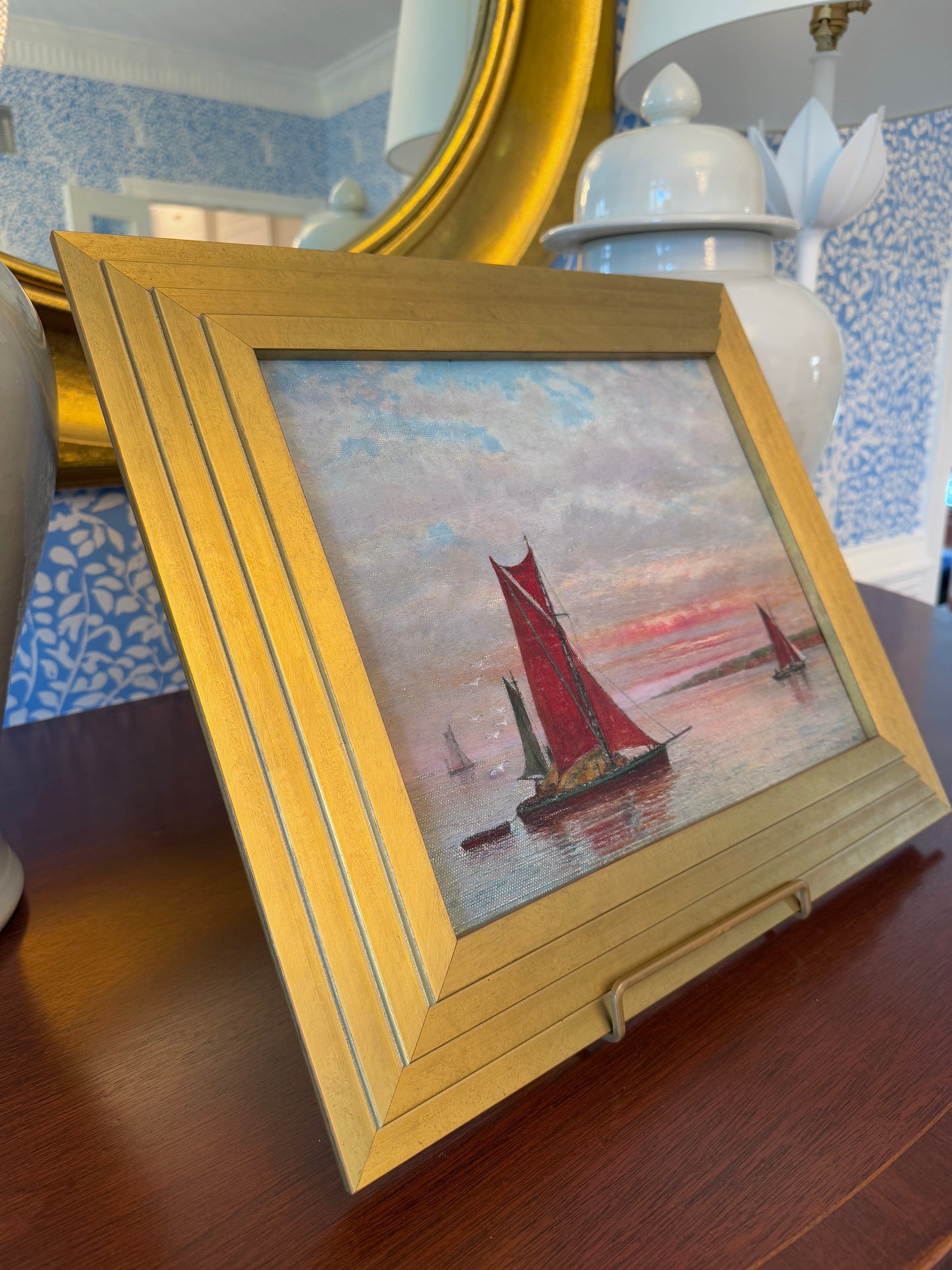 1963 Red Sailboats at Dusk Seascape Oil Painting in Gold Frame