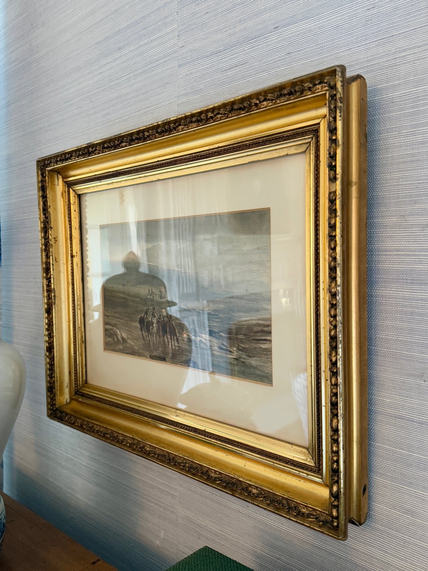 Attributed to Thomas Bush Hardy 19th Century Coastal Scene with British Soldiers on Horseback Watercolor in Original Gold Frame