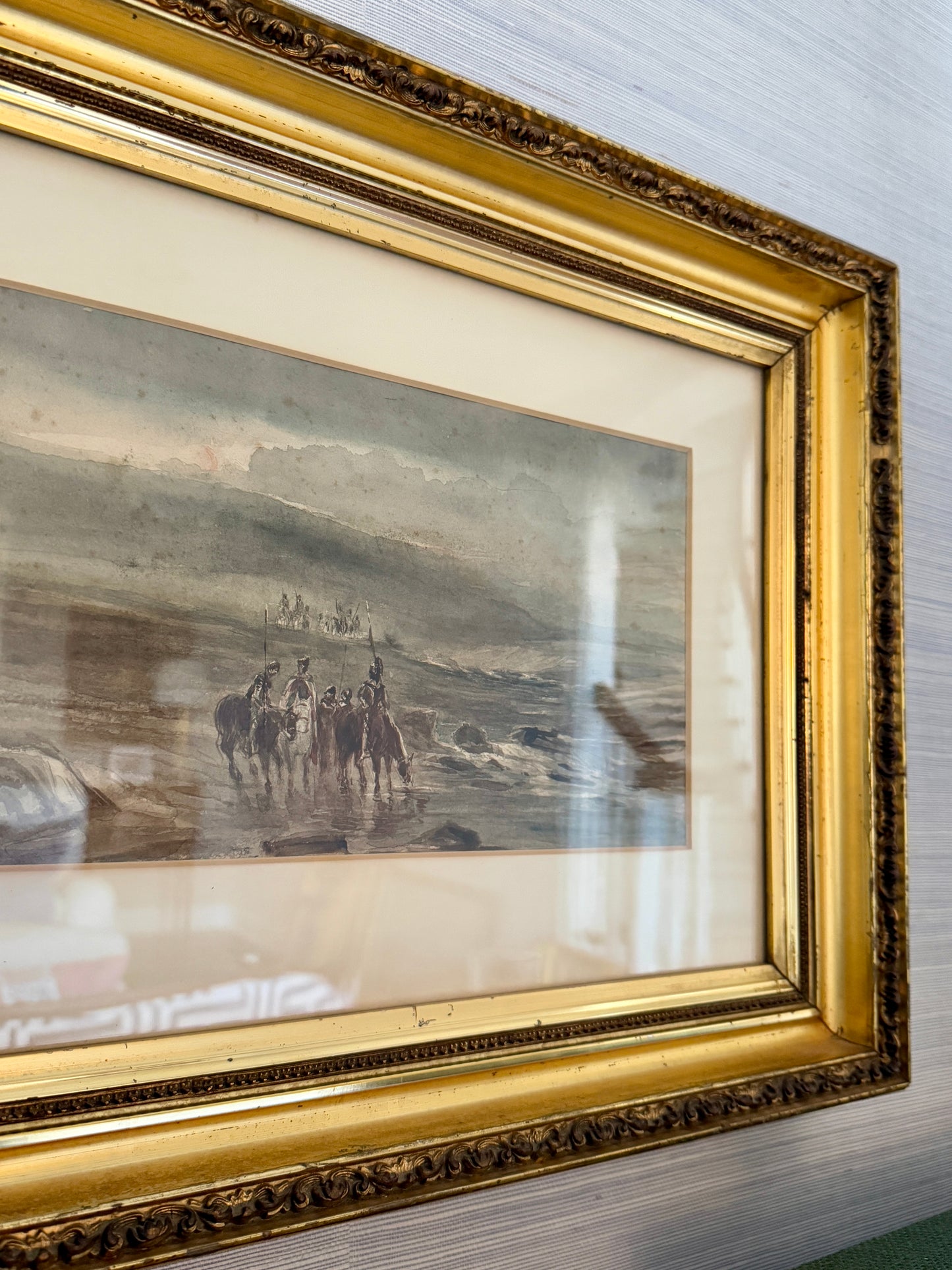Attributed to Thomas Bush Hardy 19th Century Coastal Scene with British Soldiers on Horseback Watercolor in Original Gold Frame