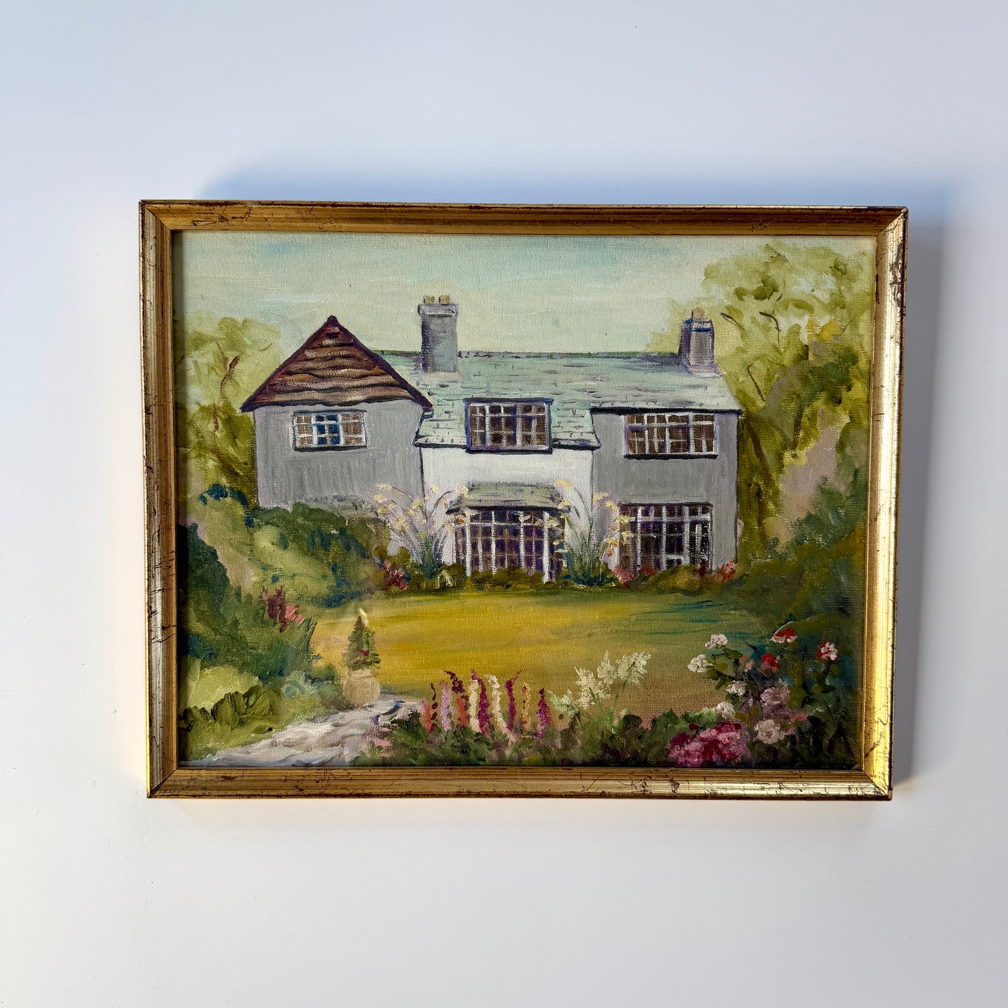 Vintage English Country House Portrait "Borrowdale" Oil Painting in Gold Frame
