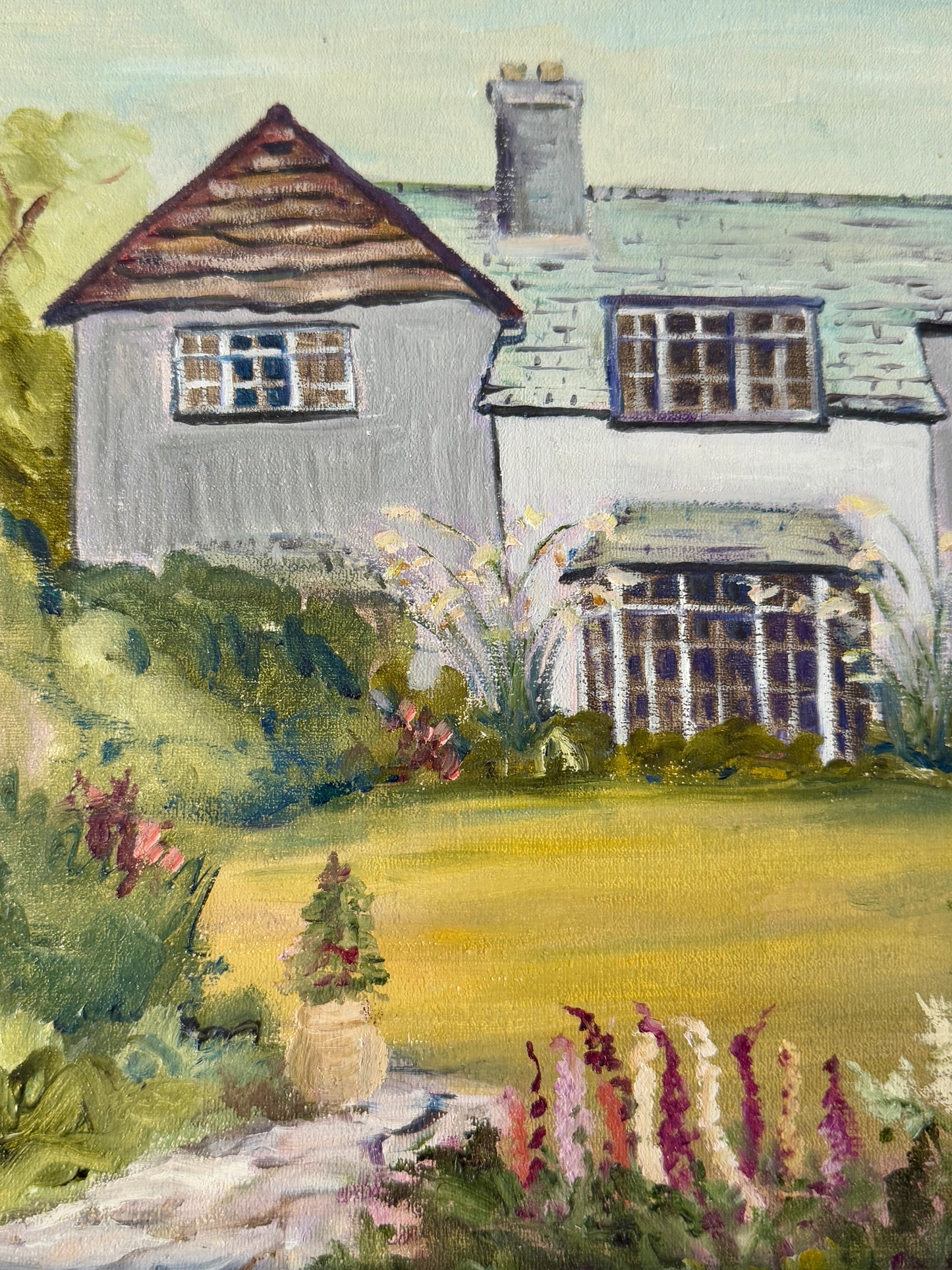 Vintage English Country House Portrait "Borrowdale" Oil Painting in Gold Frame