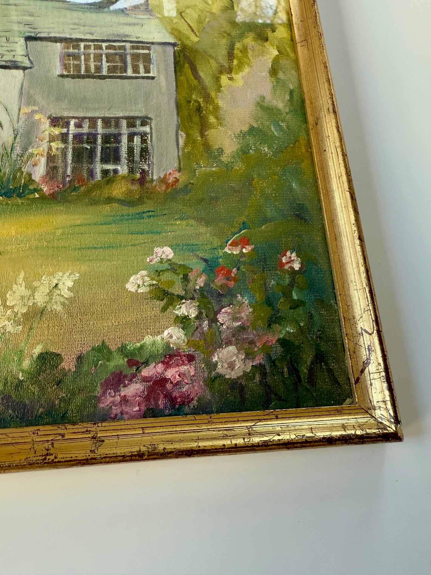 Vintage English Country House Portrait "Borrowdale" Oil Painting in Gold Frame