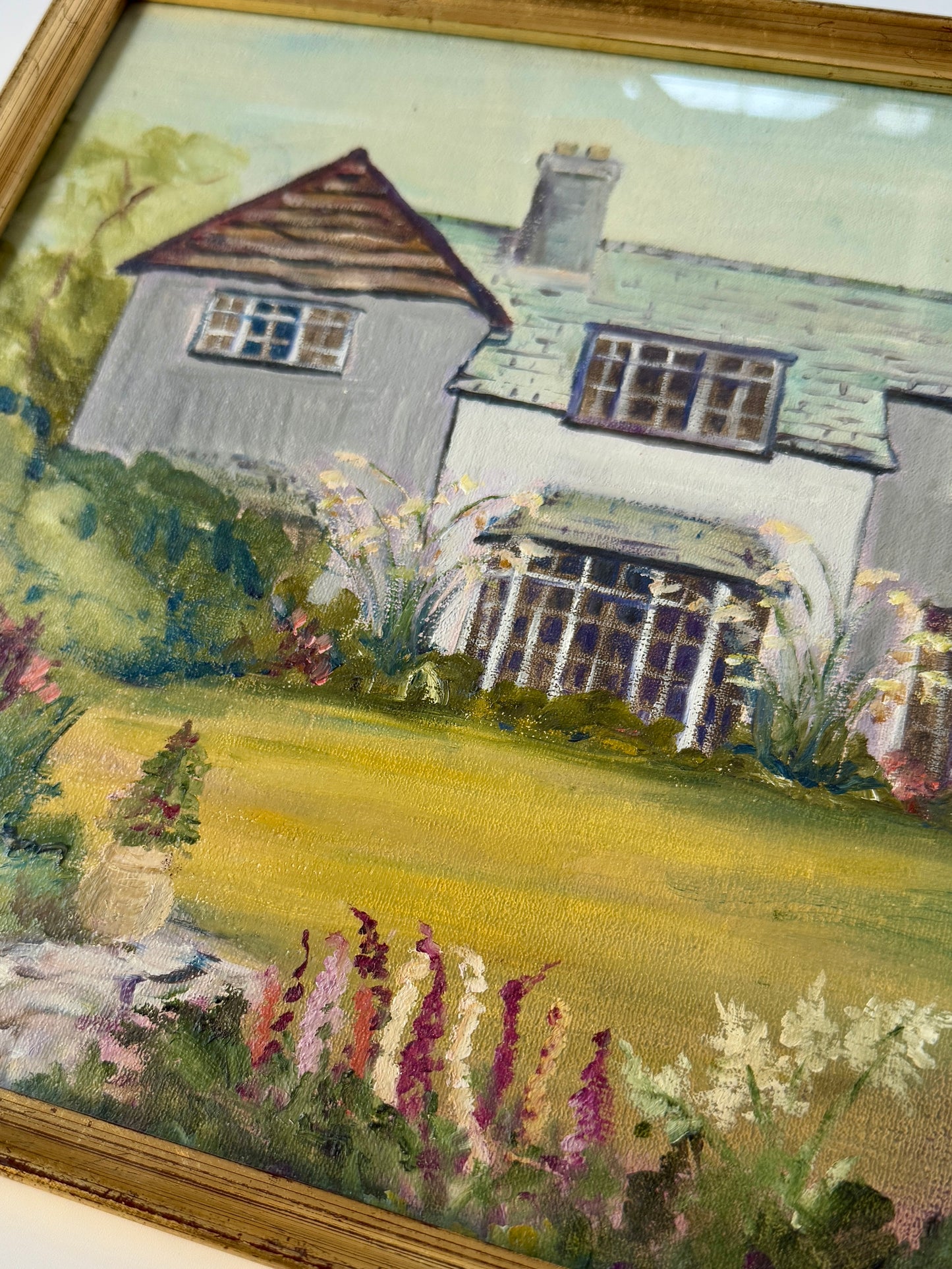 Vintage English Country House Portrait "Borrowdale" Oil Painting in Gold Frame