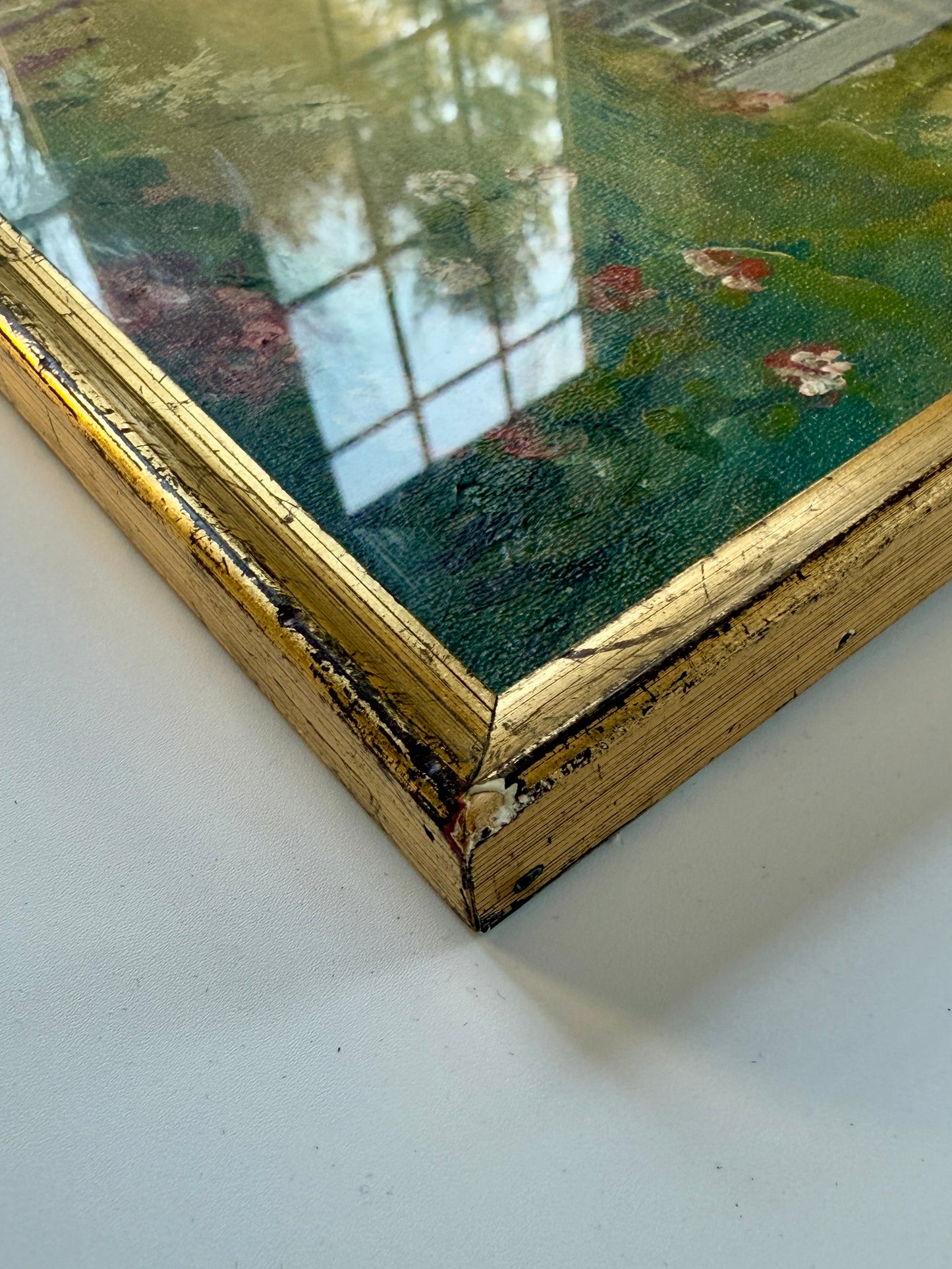 Vintage English Country House Portrait "Borrowdale" Oil Painting in Gold Frame
