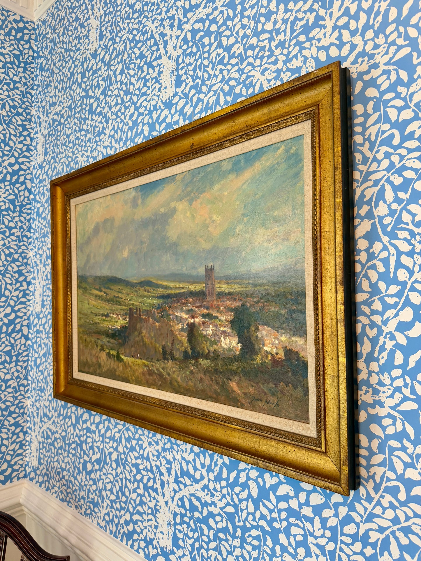 John Neale Large Impressionist English Sunlit Landscape in Gold Frame