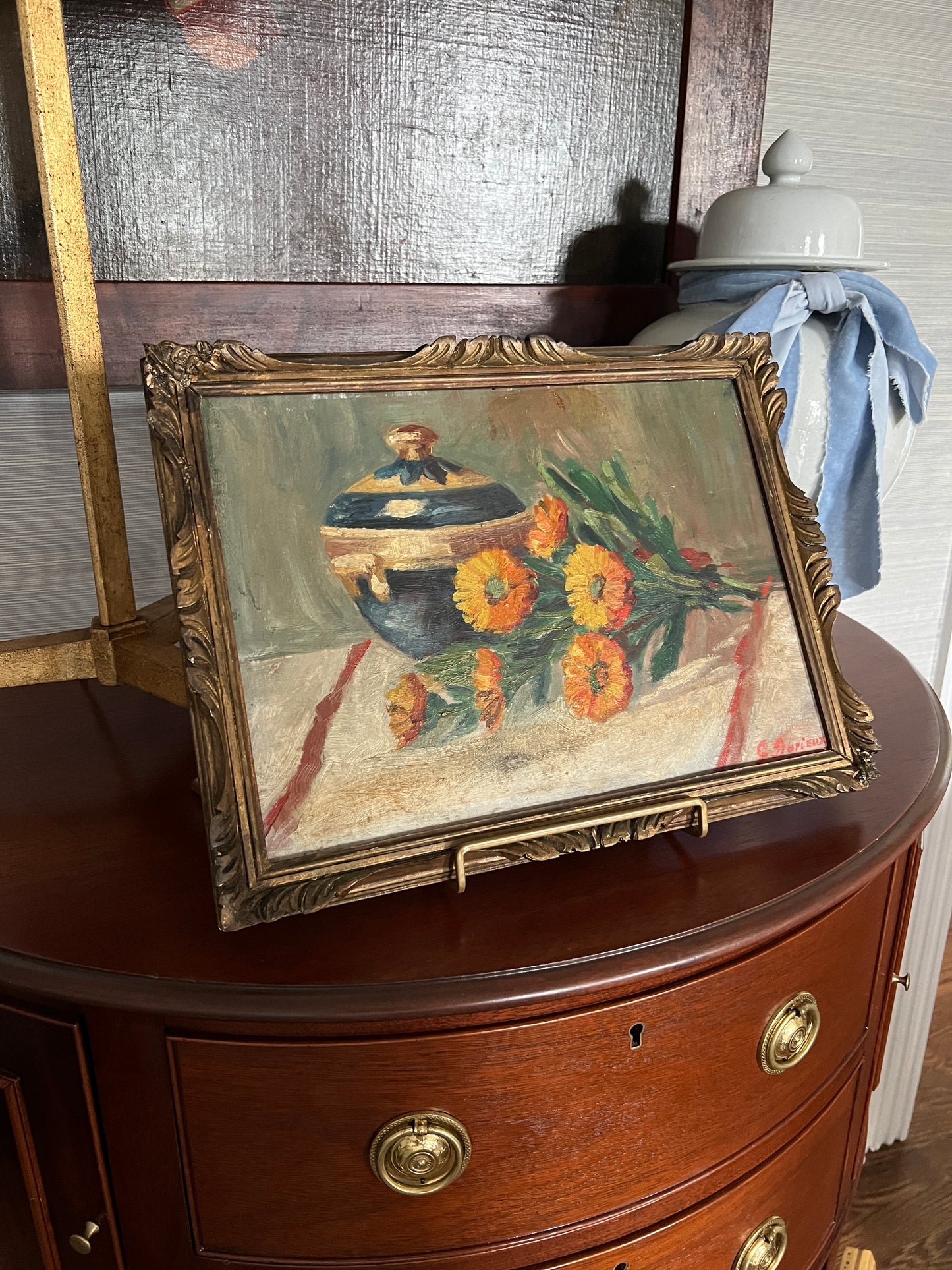 Antique French Still Life of a Blue Jar and Orange Daisies in Original Carved Gold Frame
