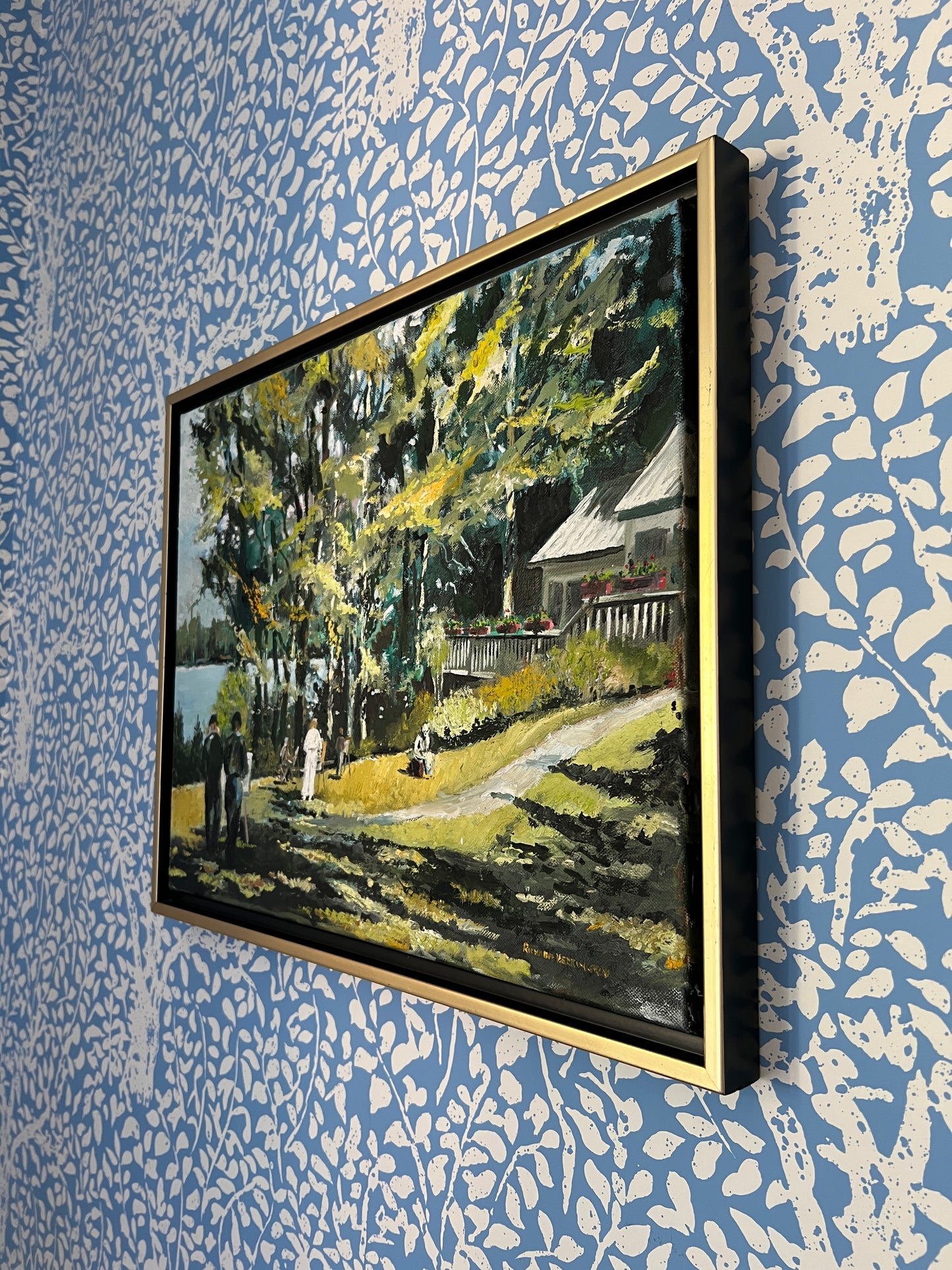 Contemporary Portrait of Plein Air Artists by the Lake in Gold and Black Frame