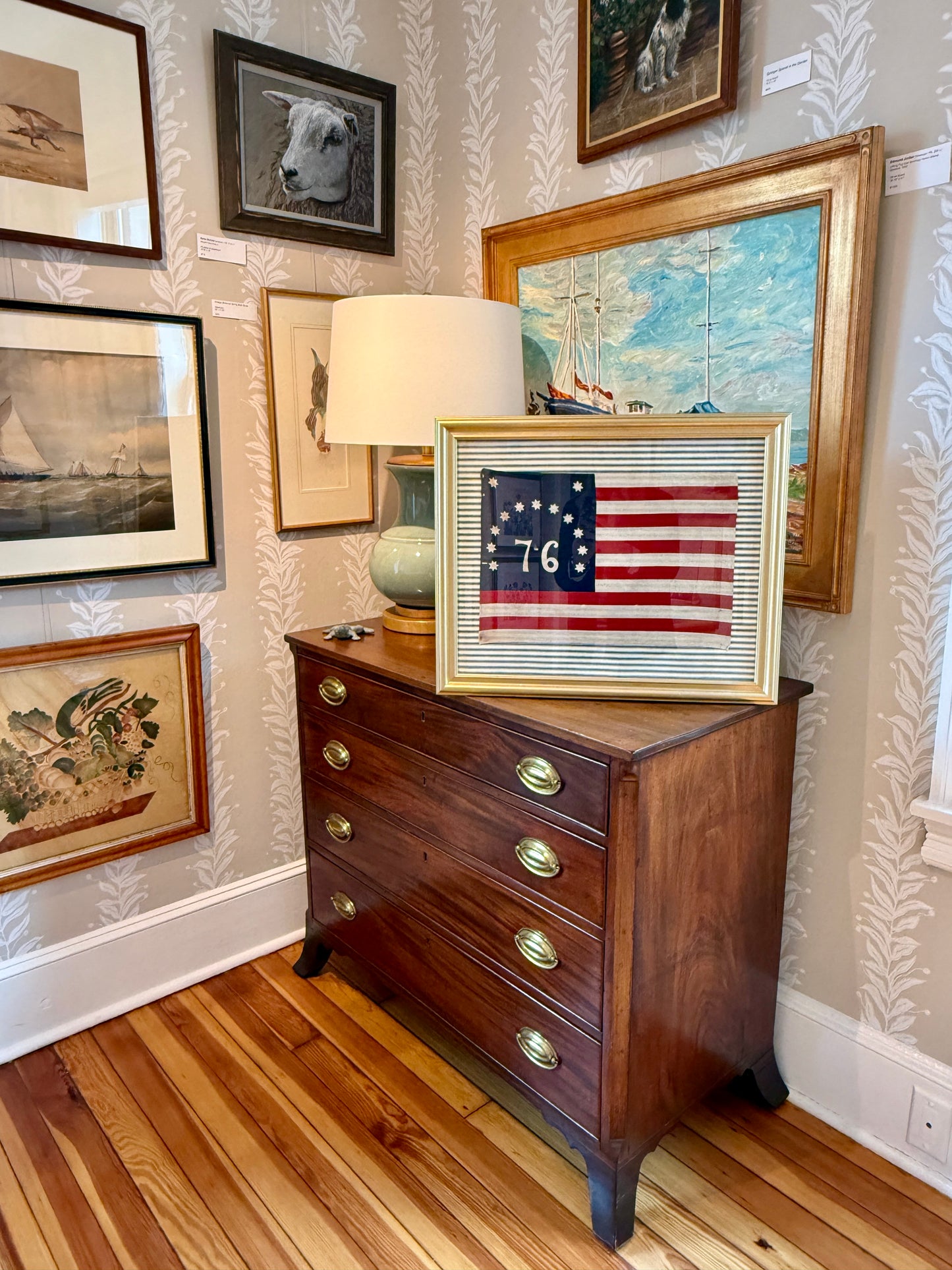 Vintage American Bennington Bicentennial Flag on on Navy TIcking Stripes in Gold Frame