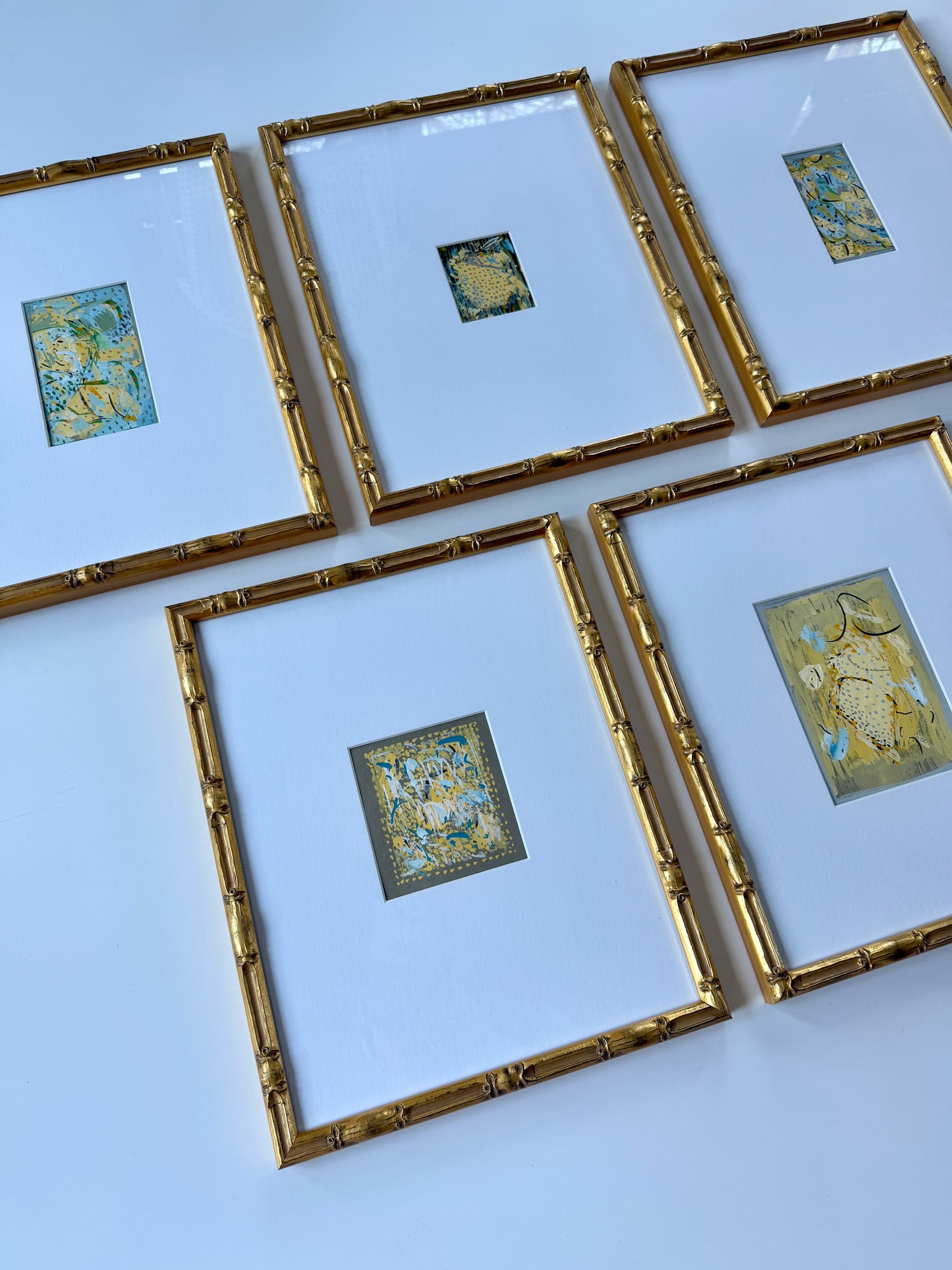 Vintage Colorful Abstract Oil Painting #24 in Light Gold Bamboo Frame