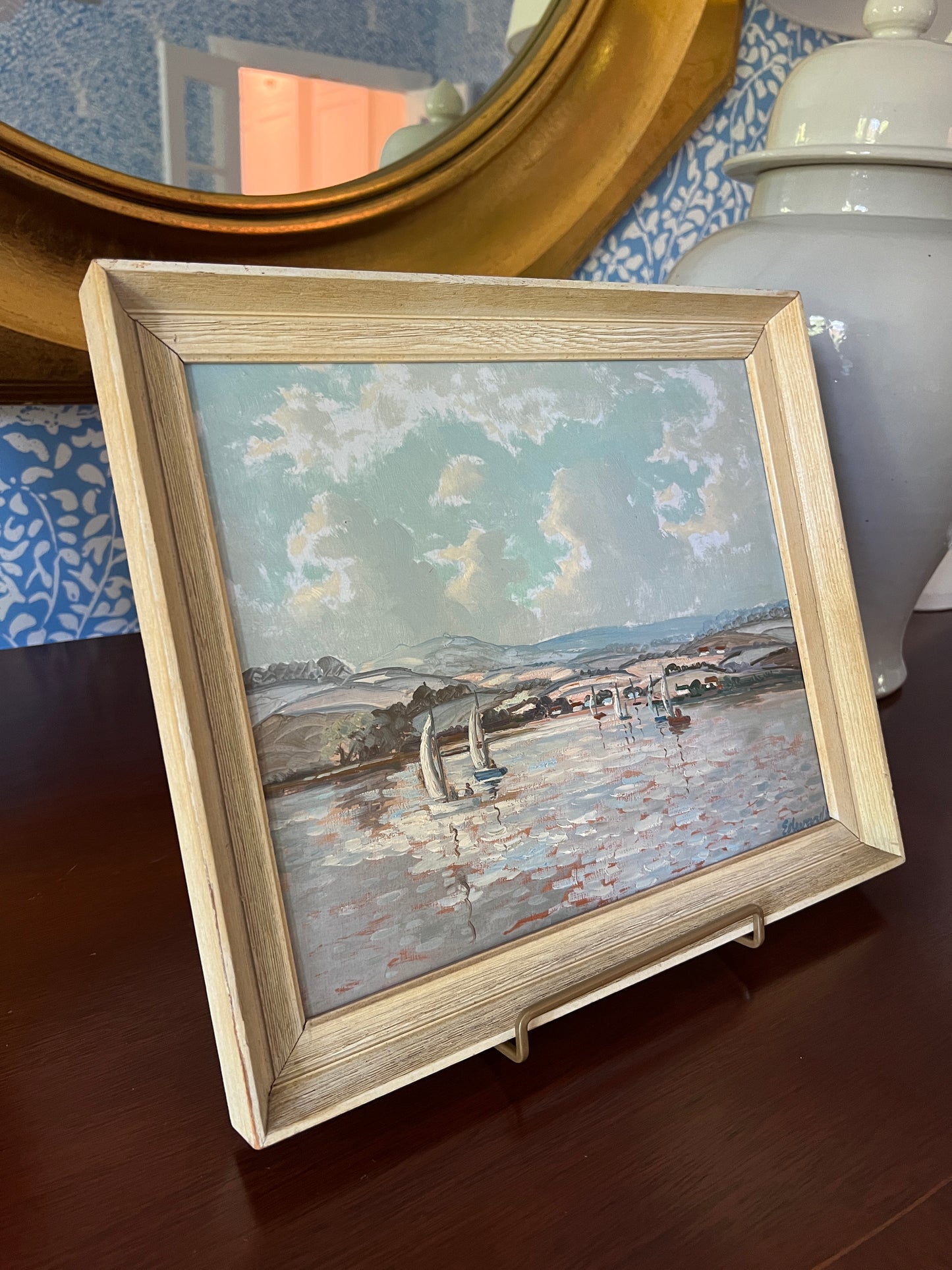 John Edwards (British, b. 1914) "Cornish Sailing Club" Coastal Landscape with Sailboats in Yellow Frame