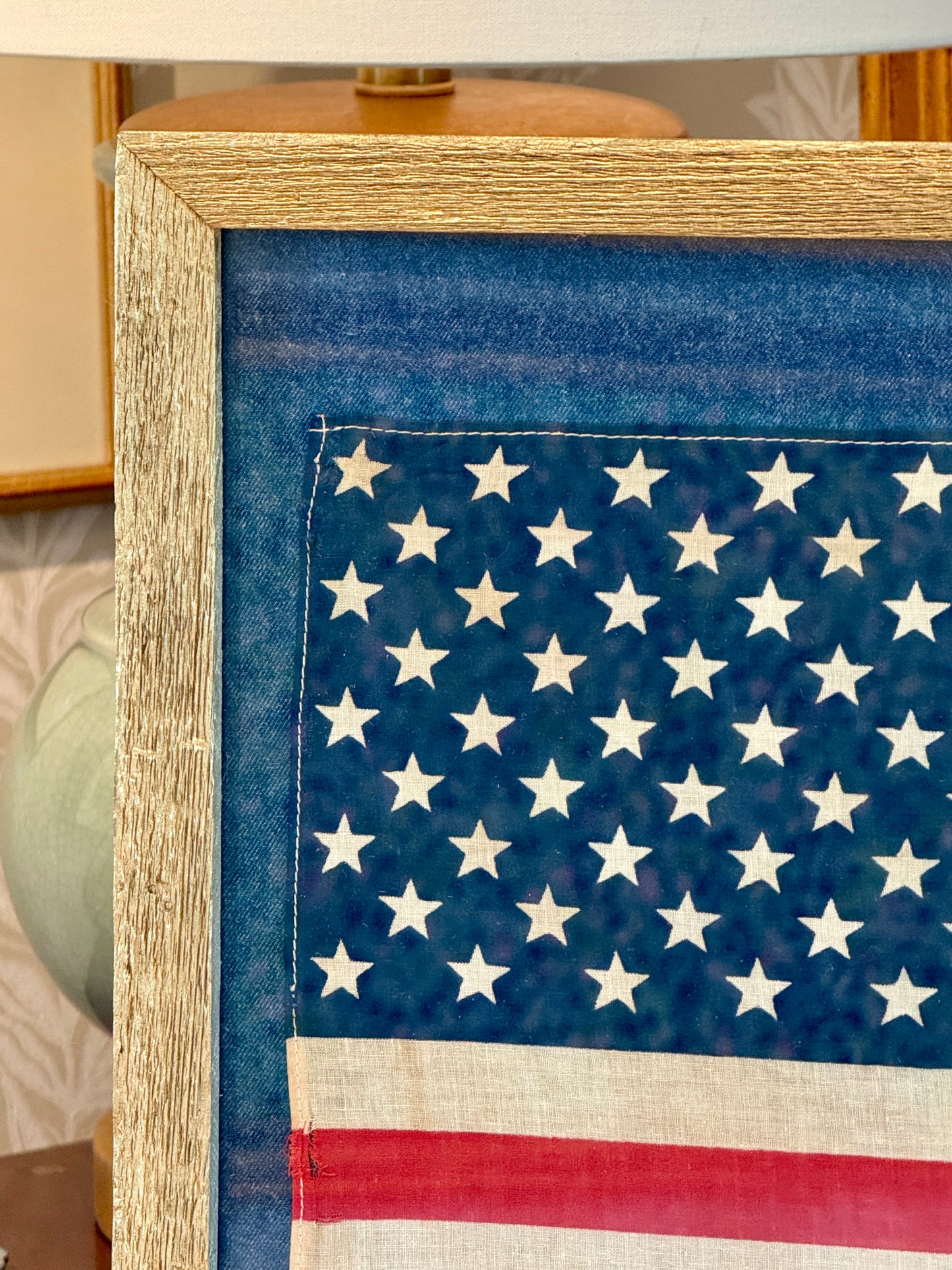 Vintage 50 Star American Flag on Dark Felted Chambray in Gold Barnwood Frame