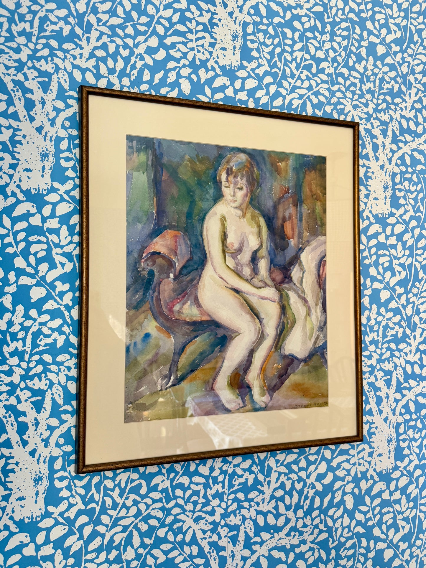 Marian D. Harris Nude Female Watercolor Portrait in Gold Frame