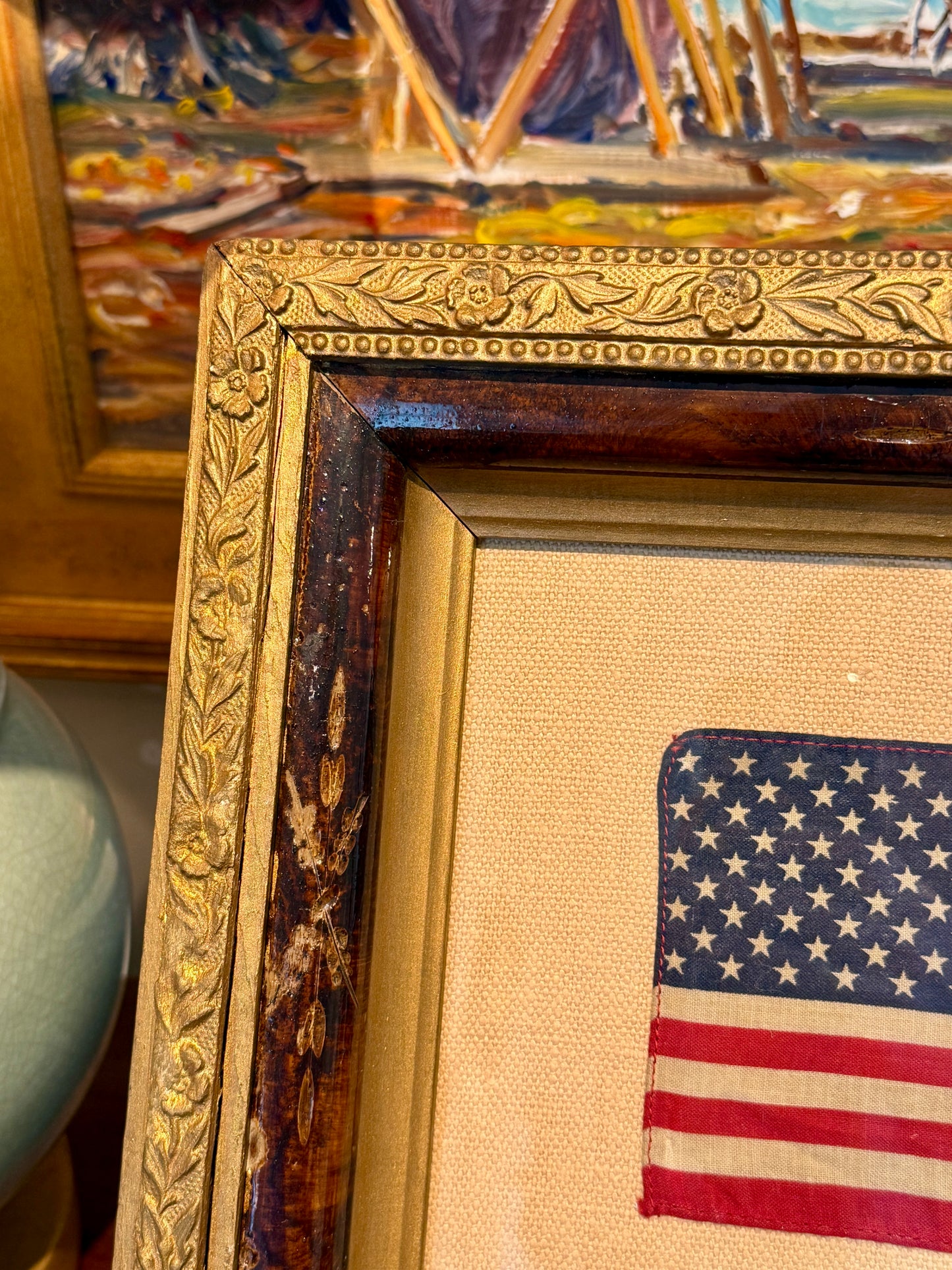 Vintage 50 Star American Flag on Tan Pique in Deep 19th Century Floral Carved Frame