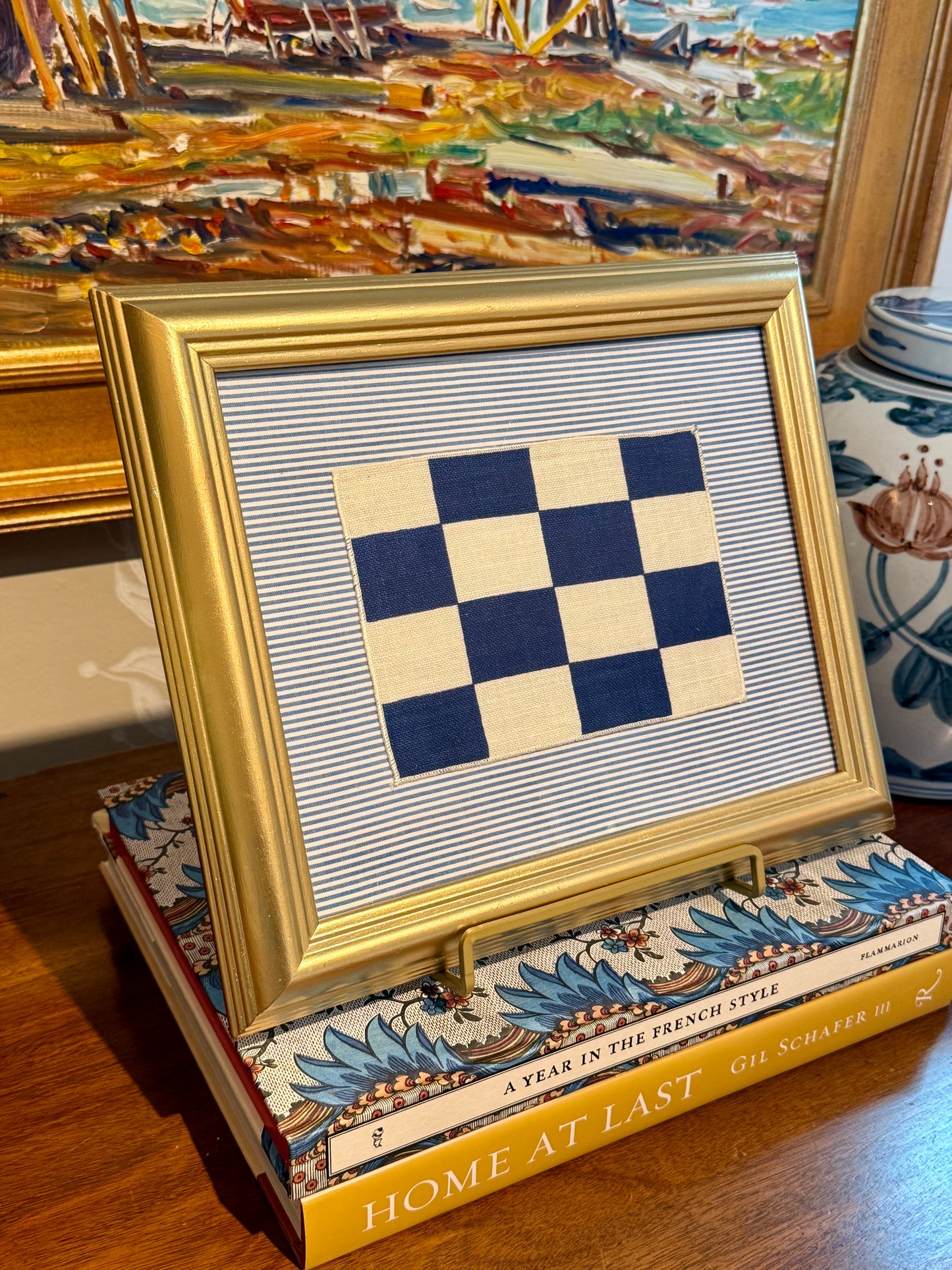 Vintage Cotton Nautical Yachting Signal Flag for "N" on Blue Stripes in Gold Frame