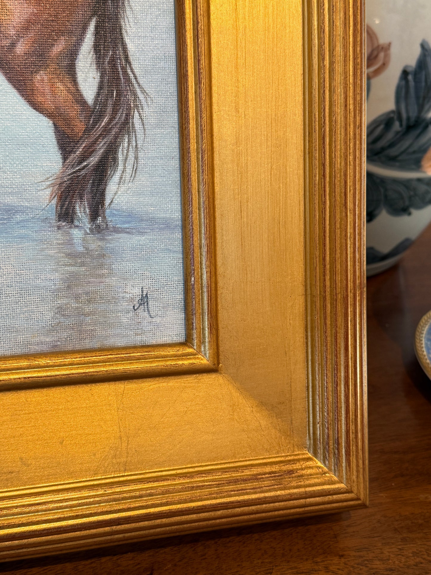 Andrea Hennings Horse Portrait "Refreshing" Oil Painting in Gold Frame