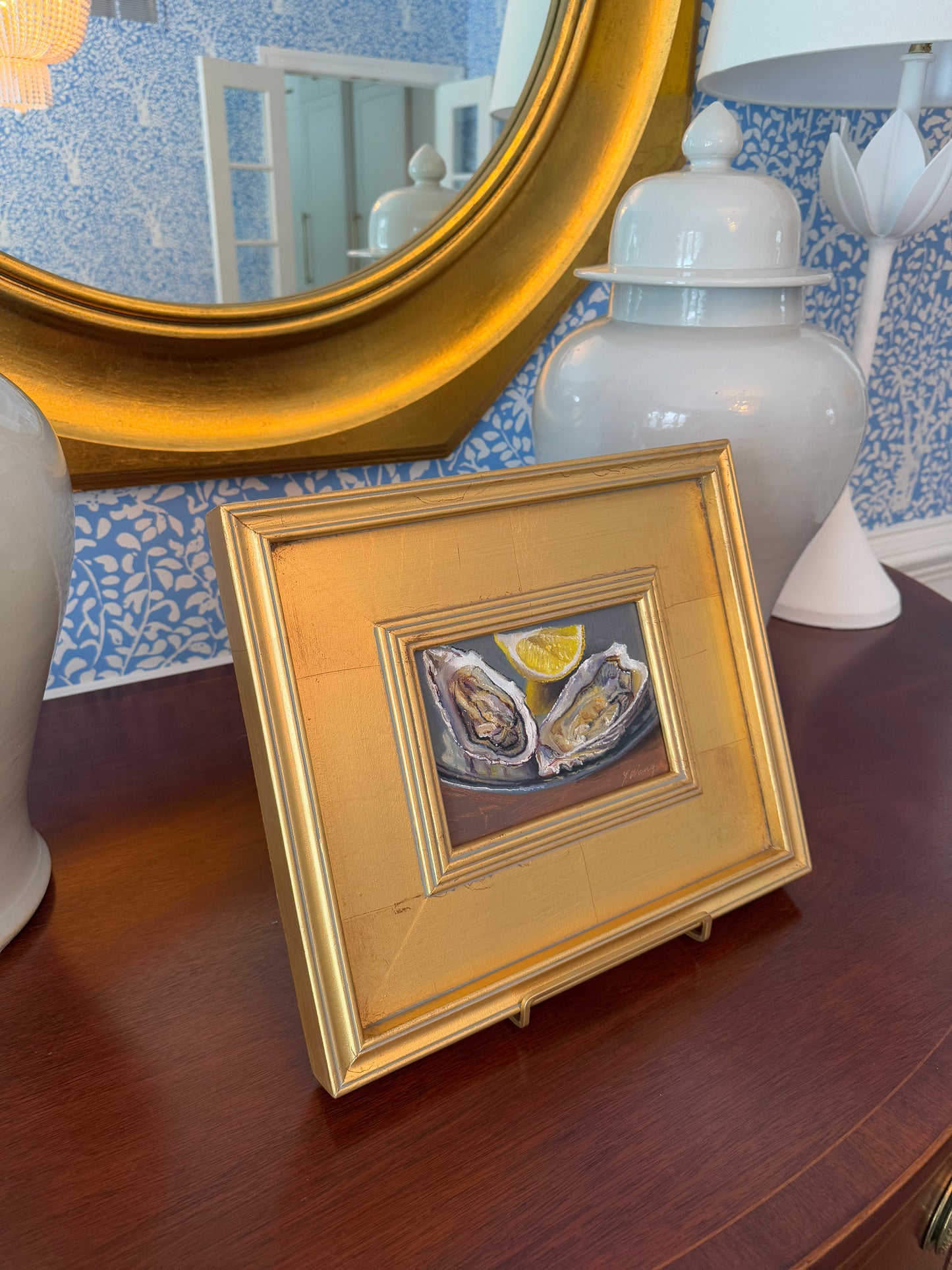 Contemporary Oysters and Lemons Still Life Oil Painting in Gold Frame