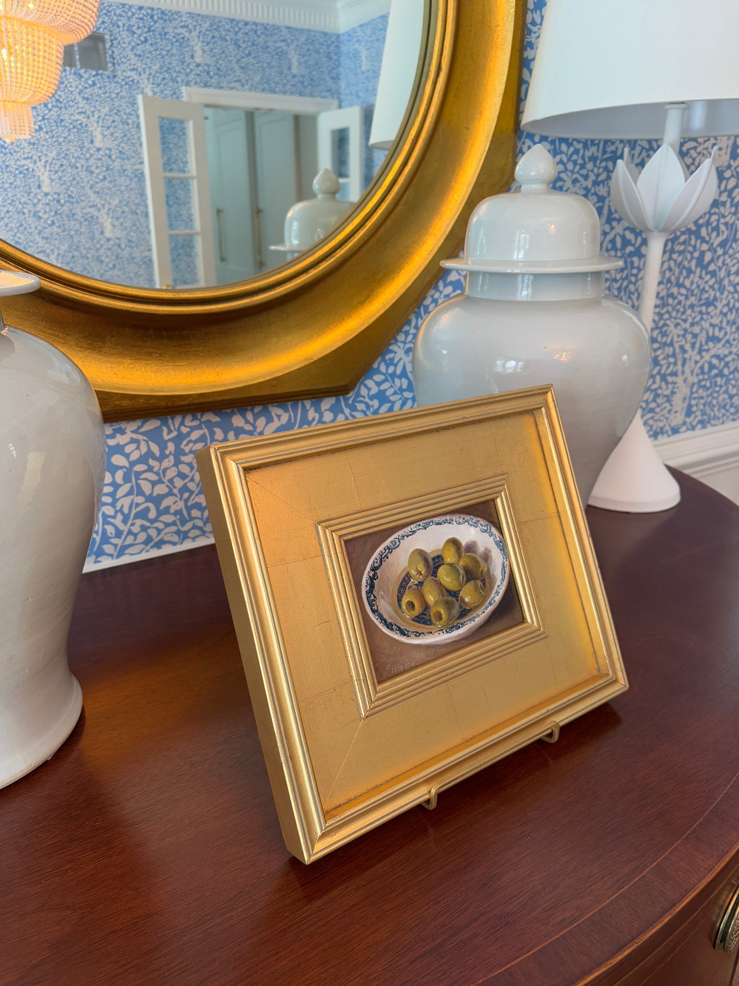 Contemporary Green Olives in Blue and White Bowl Still Life Oil Painting in Gold Frame