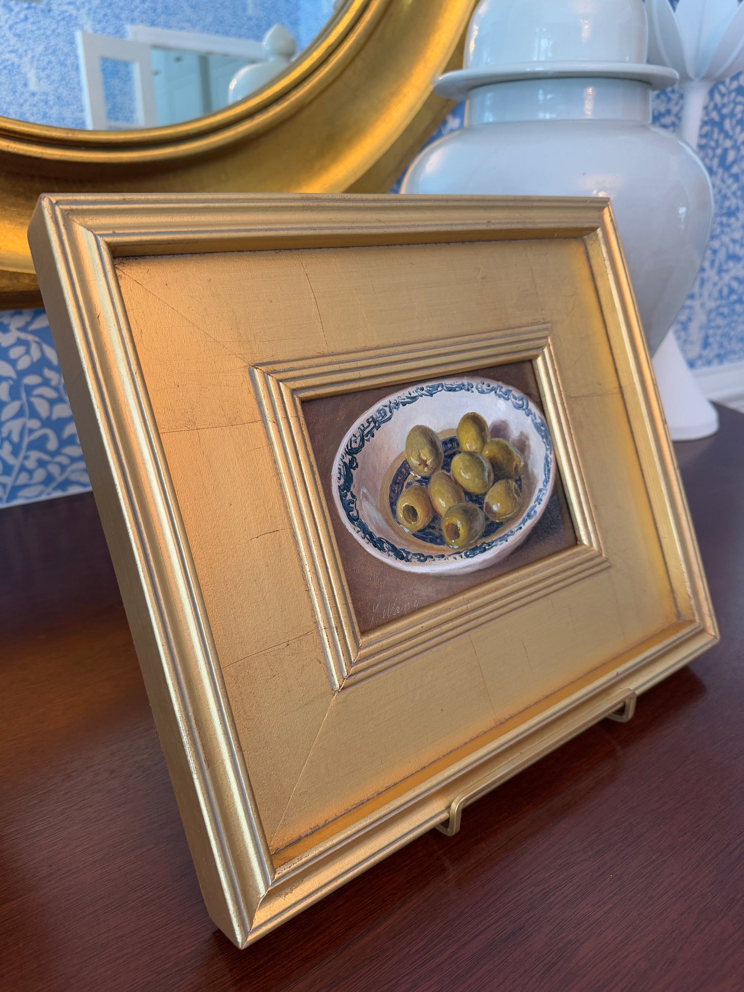 Contemporary Green Olives in Blue and White Bowl Still Life Oil Painting in Gold Frame