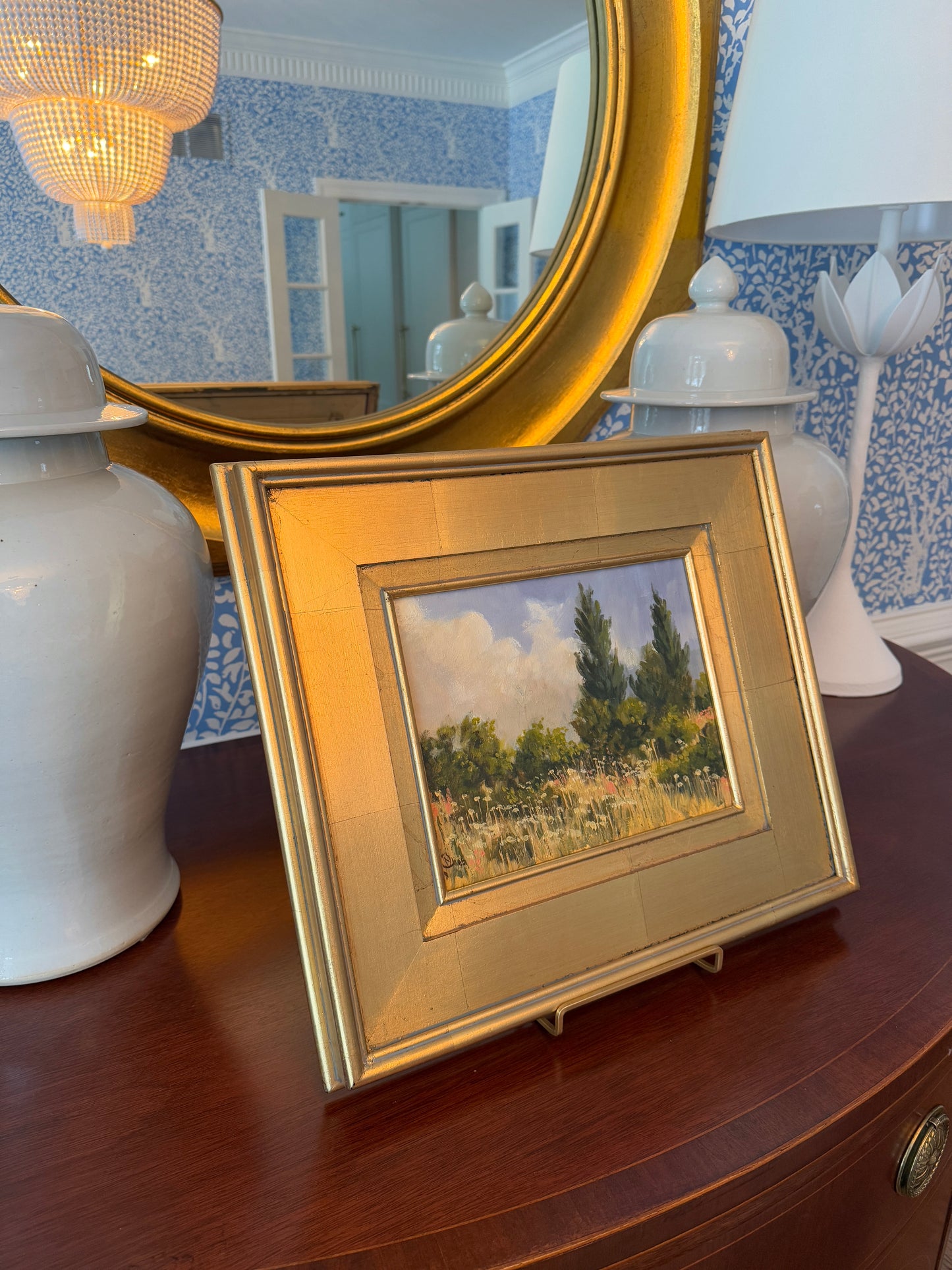 Spring on the Hill Landscape Oil Painting in Gold Frame