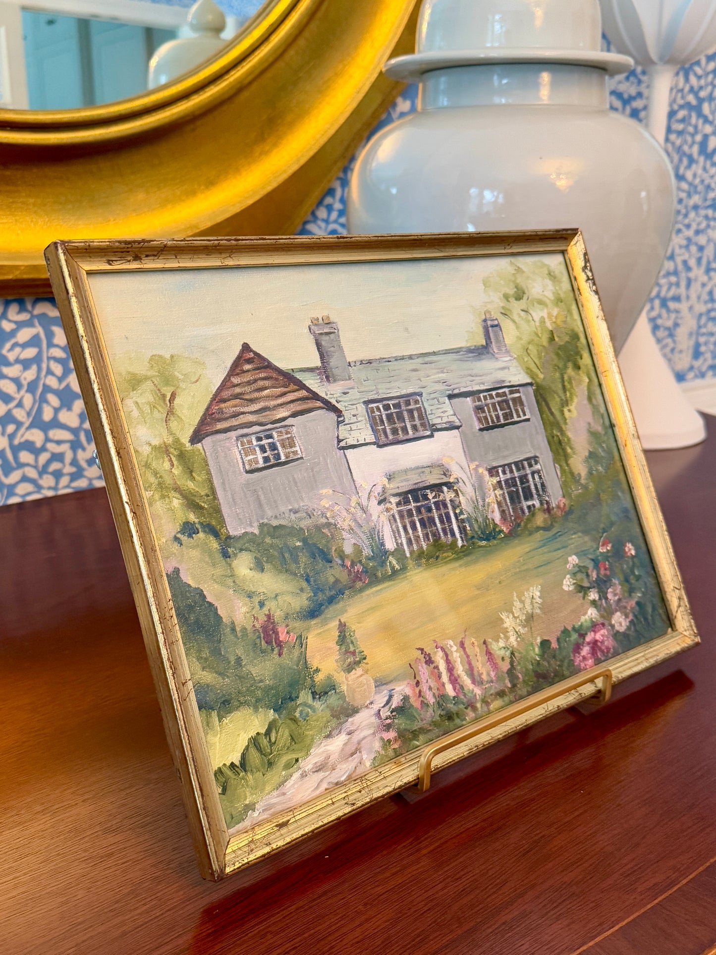 Vintage English Country House Portrait "Borrowdale" Oil Painting in Gold Frame