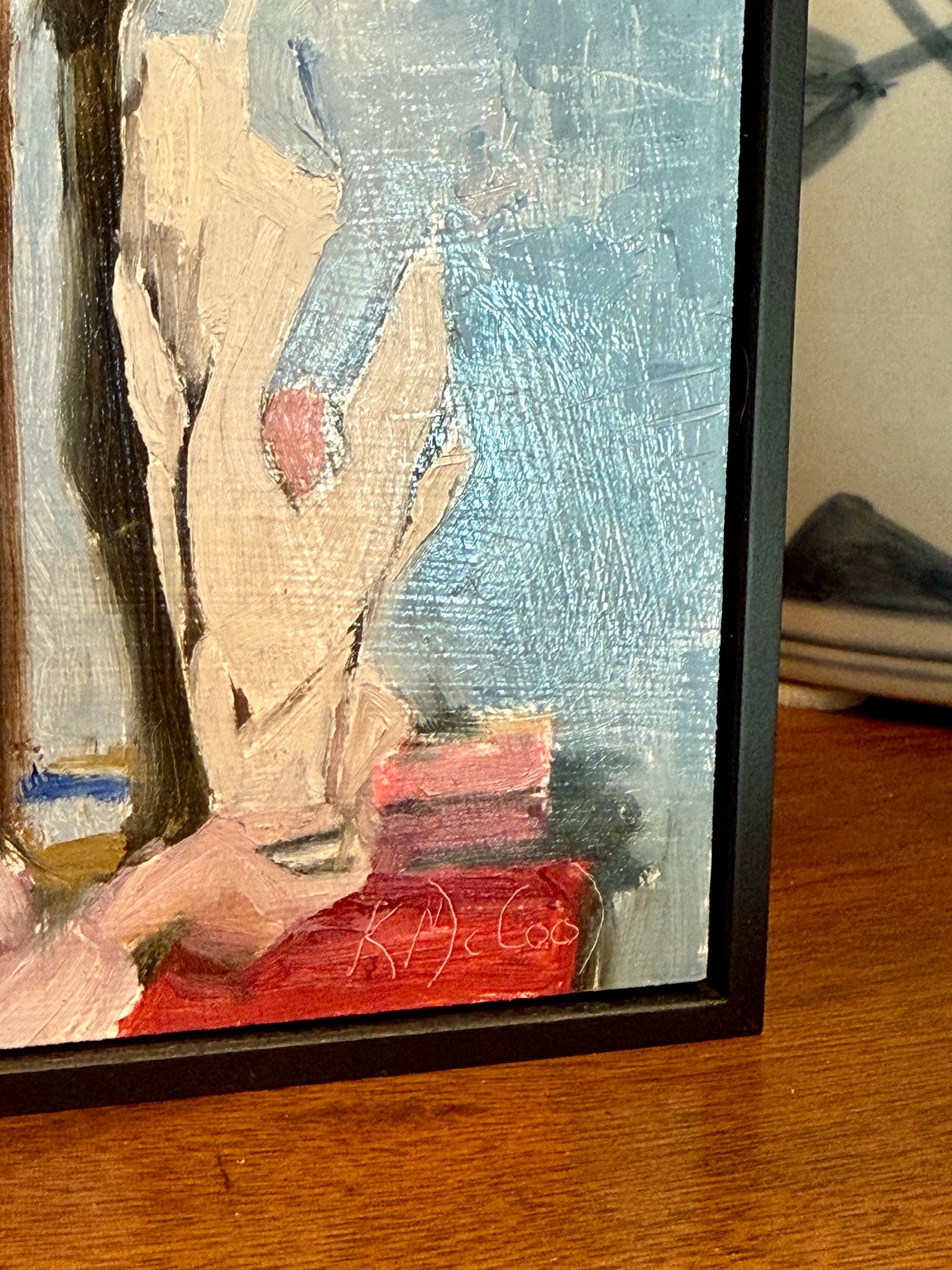 Karen McCool Stupid Dad Tricks Father Son Oil Painting in Black Floater Frame