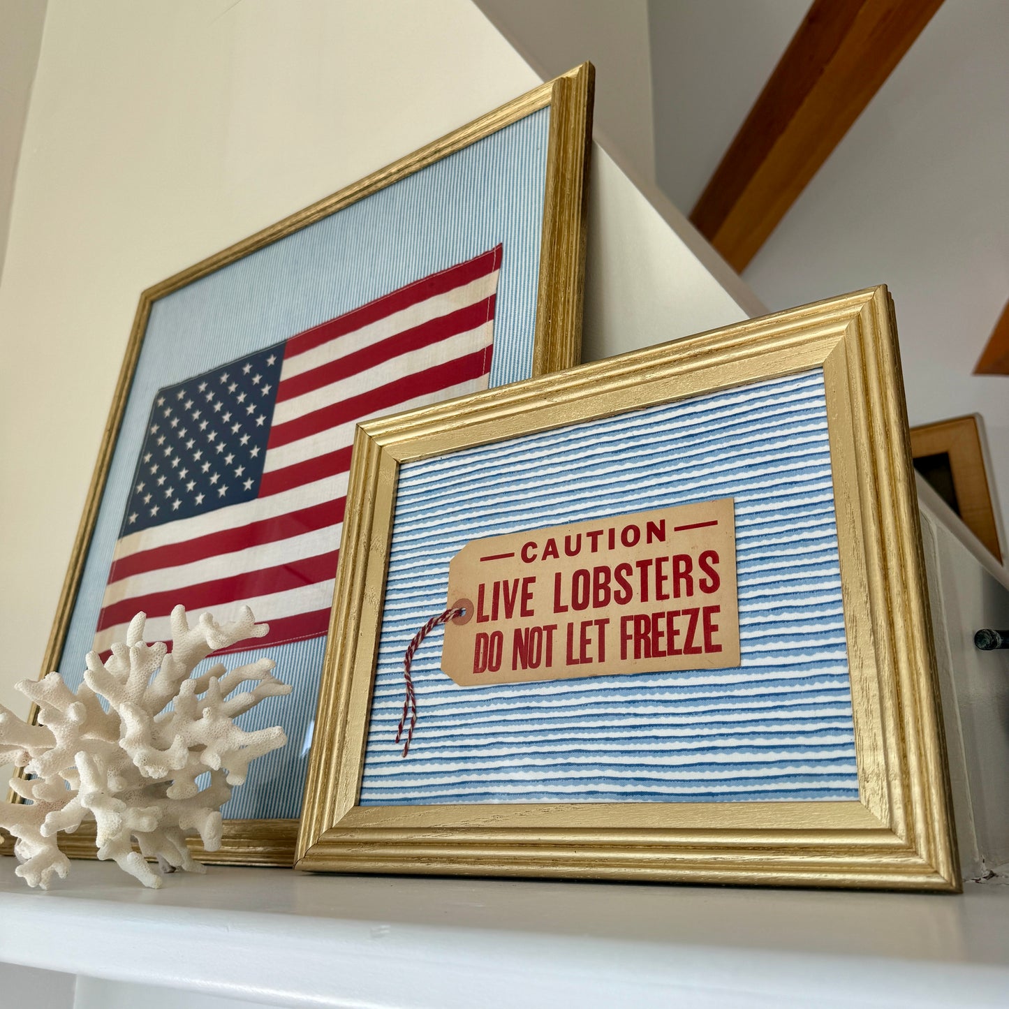 Vintage Maine Live Lobsters Tag on Blue Wavy Striped Fabric in Gold Frame