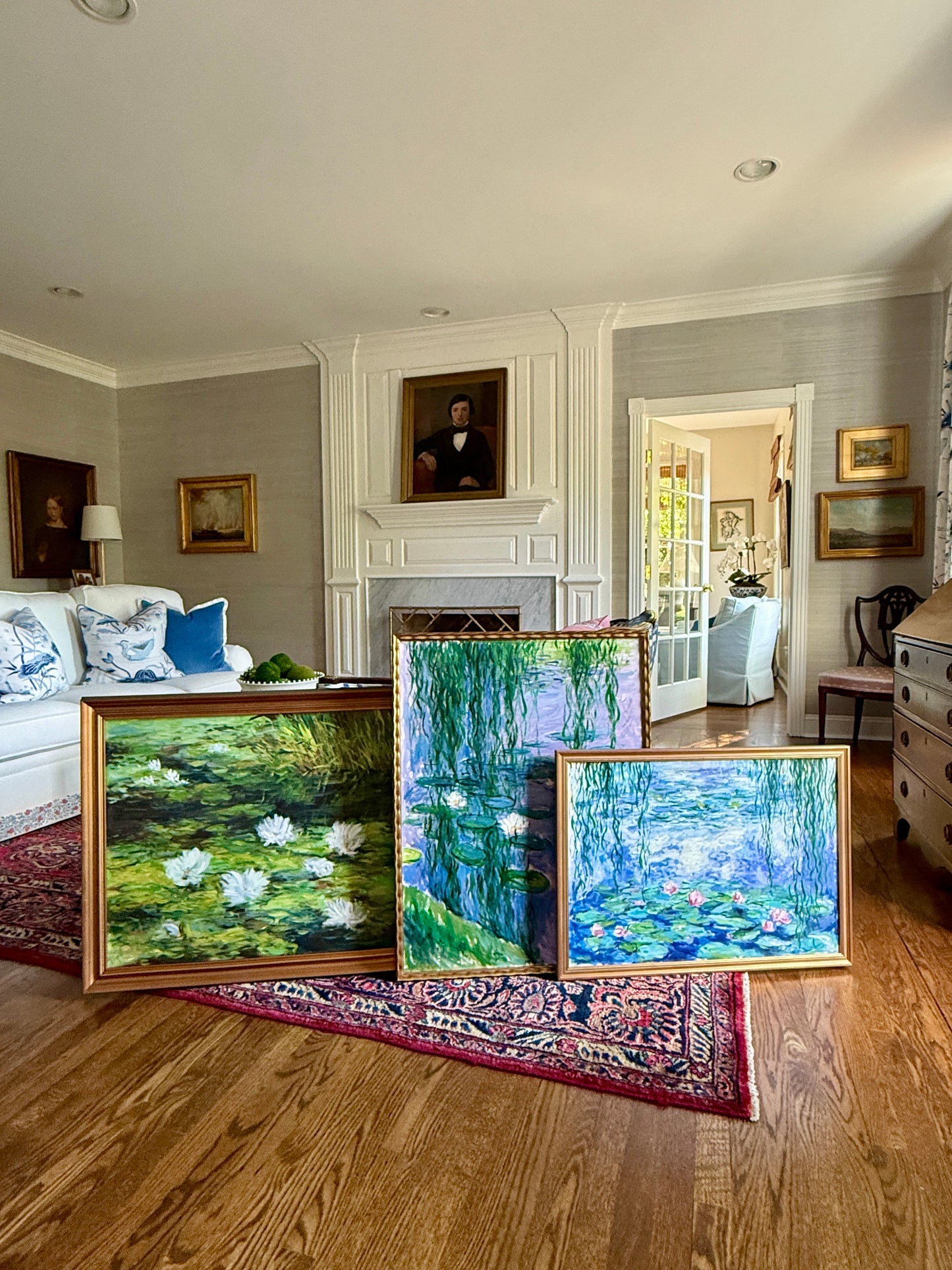 Erwin Steinhauser in the Manner of Claude Monet Water Lilies on Green Impressionist Landscape Oil Painting in Dark Gold Frame
