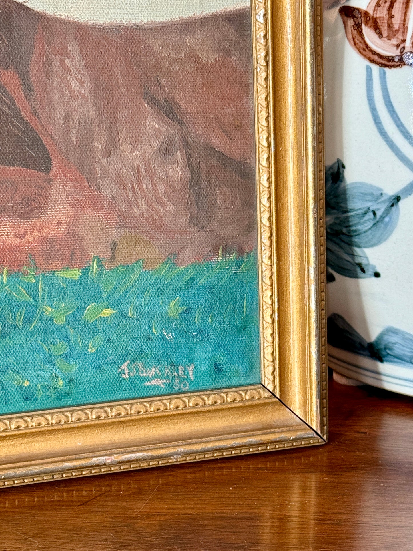 1930 Golden Retriever Dog Portrait Oil Painting in Dark Gold Frame