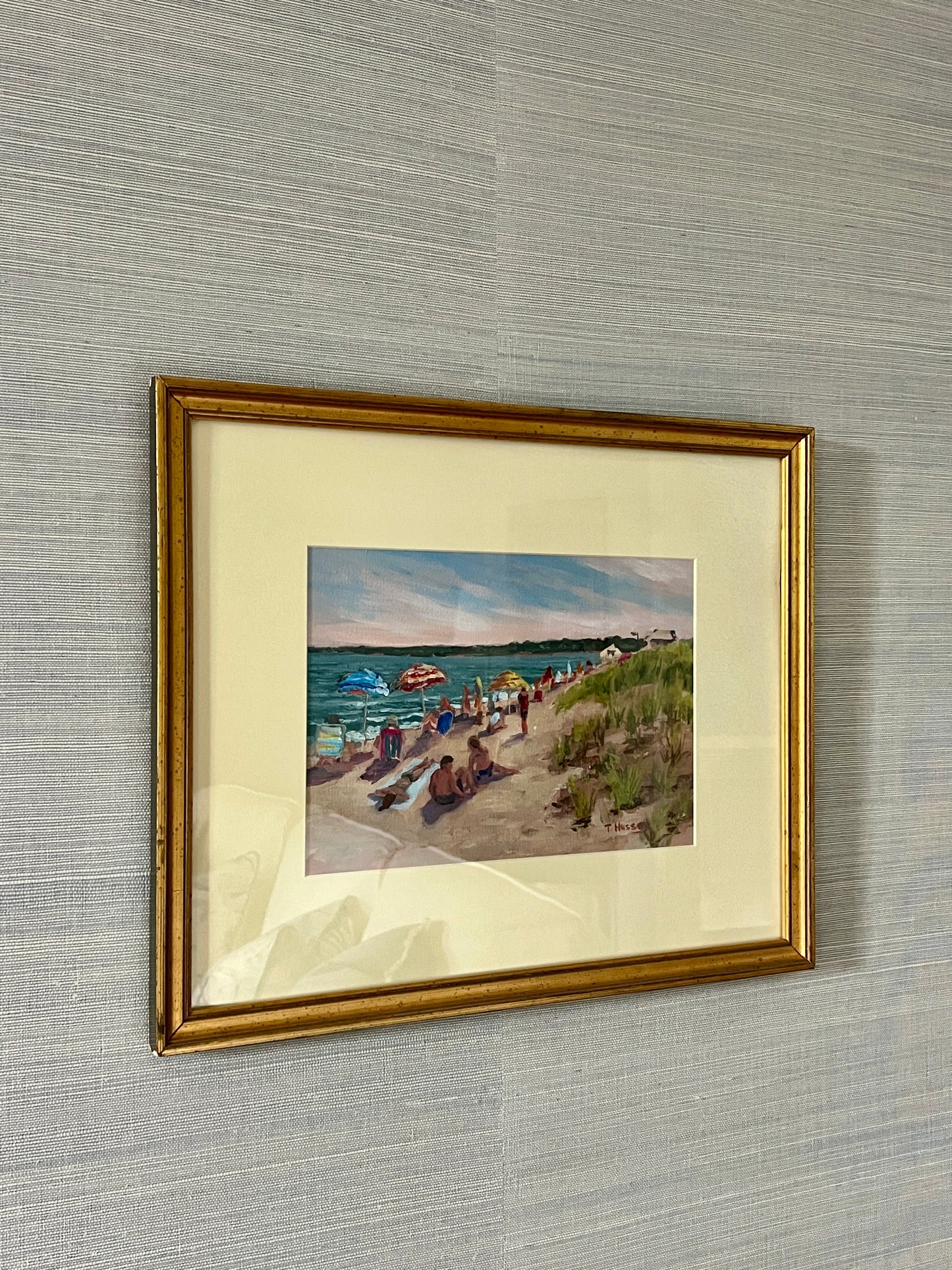 Tom Hussey "Afternoon at Ocean Park" Maine Beach Scene Oil Painting in Gold Frame