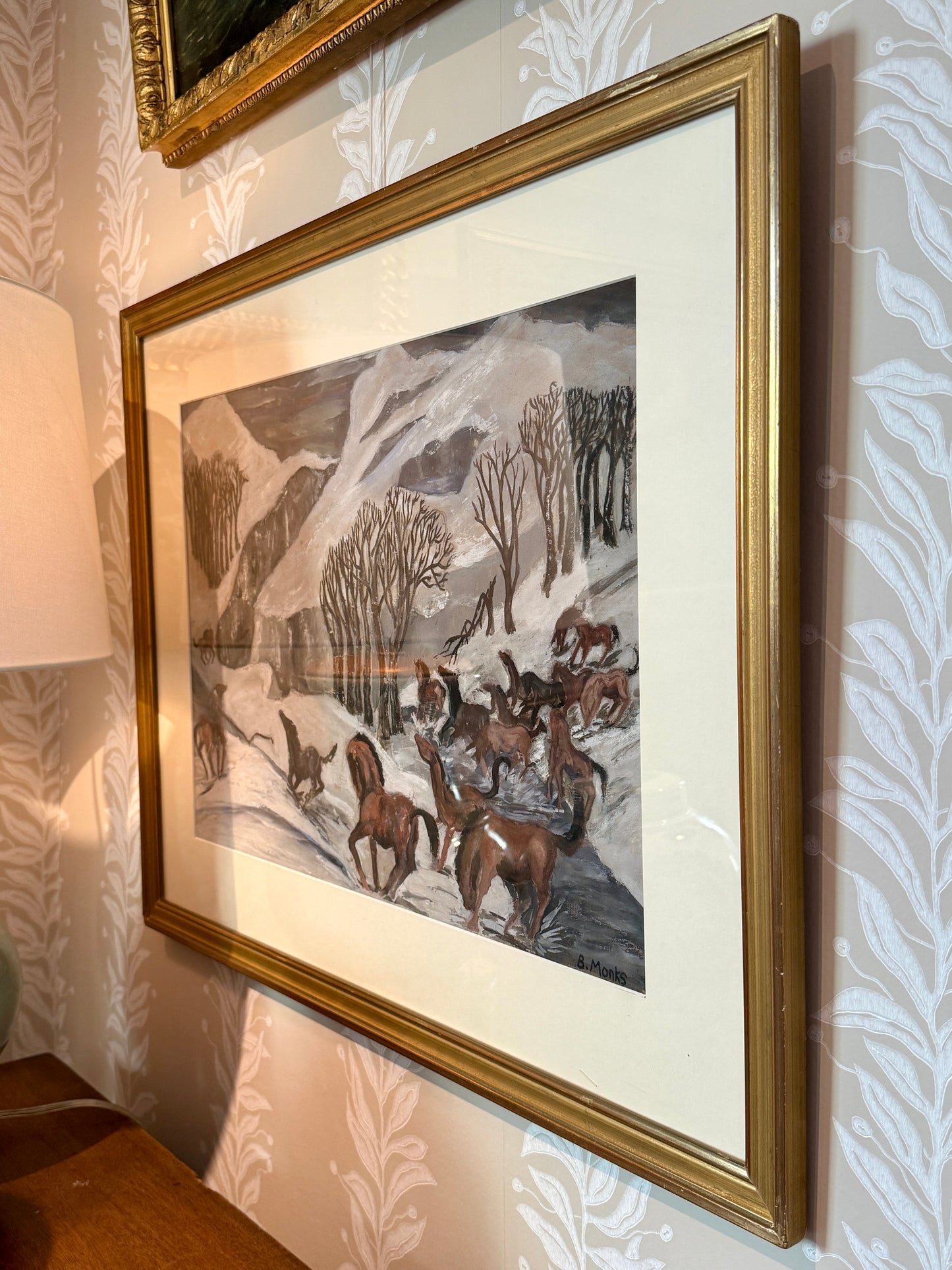 B. Monks Expressionist Wild Horses Oil Painting in Gold Frame