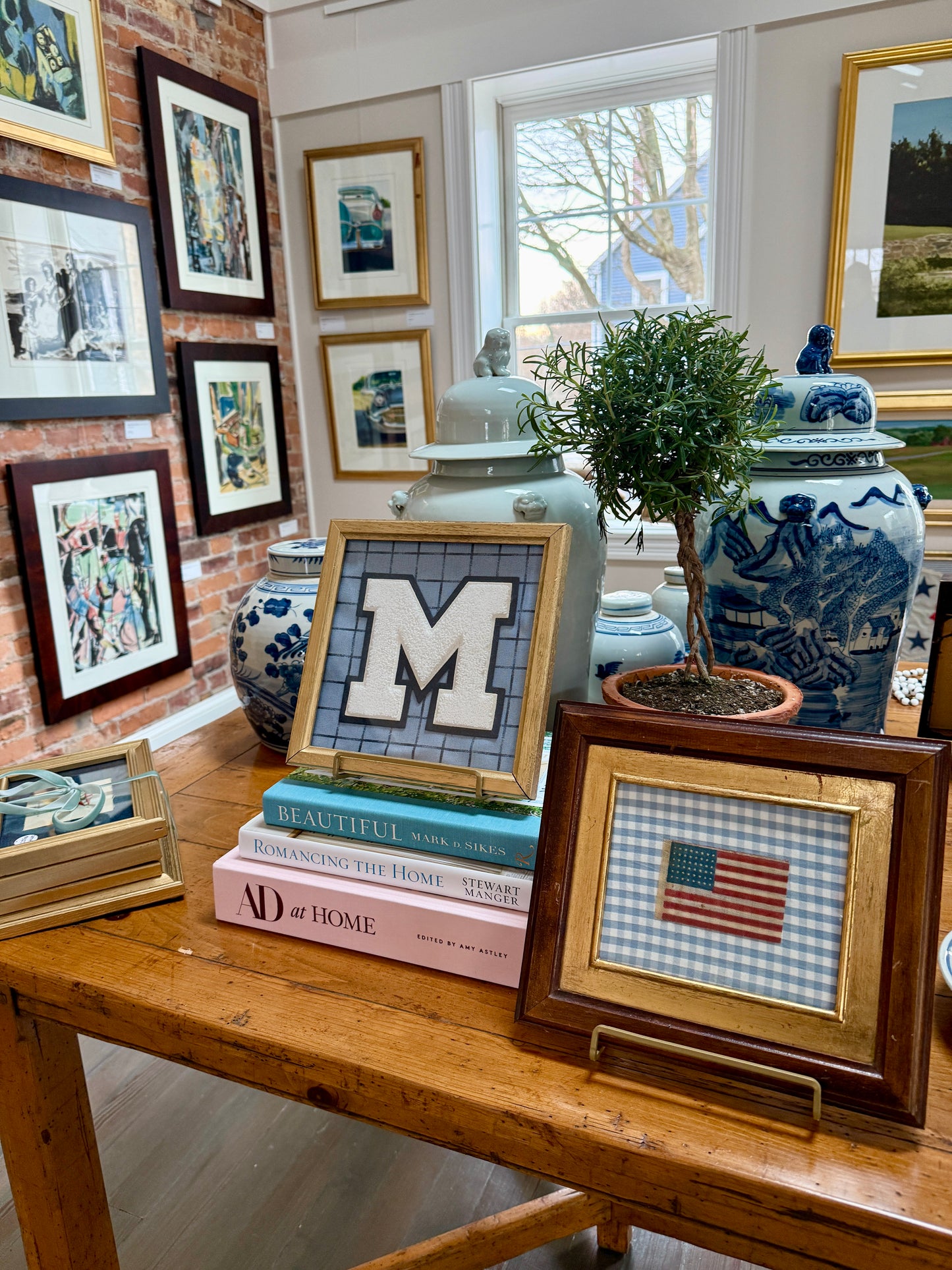 Vintage Varsity Letter Initial M on Blue Windowpane Check in Gold Frame