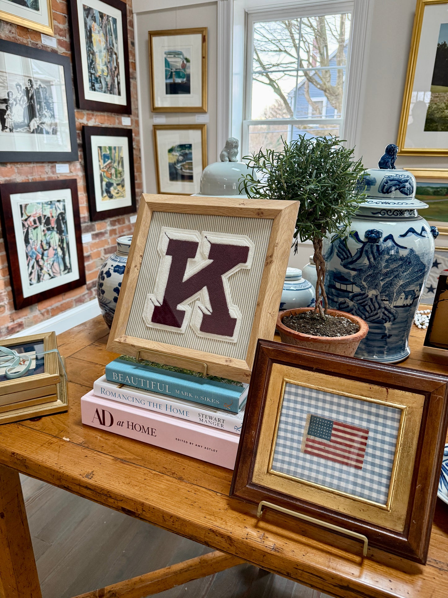 Vintage Large Varsity Letter Initial K on Taupe Ticking Stripes in Burlwood Frame