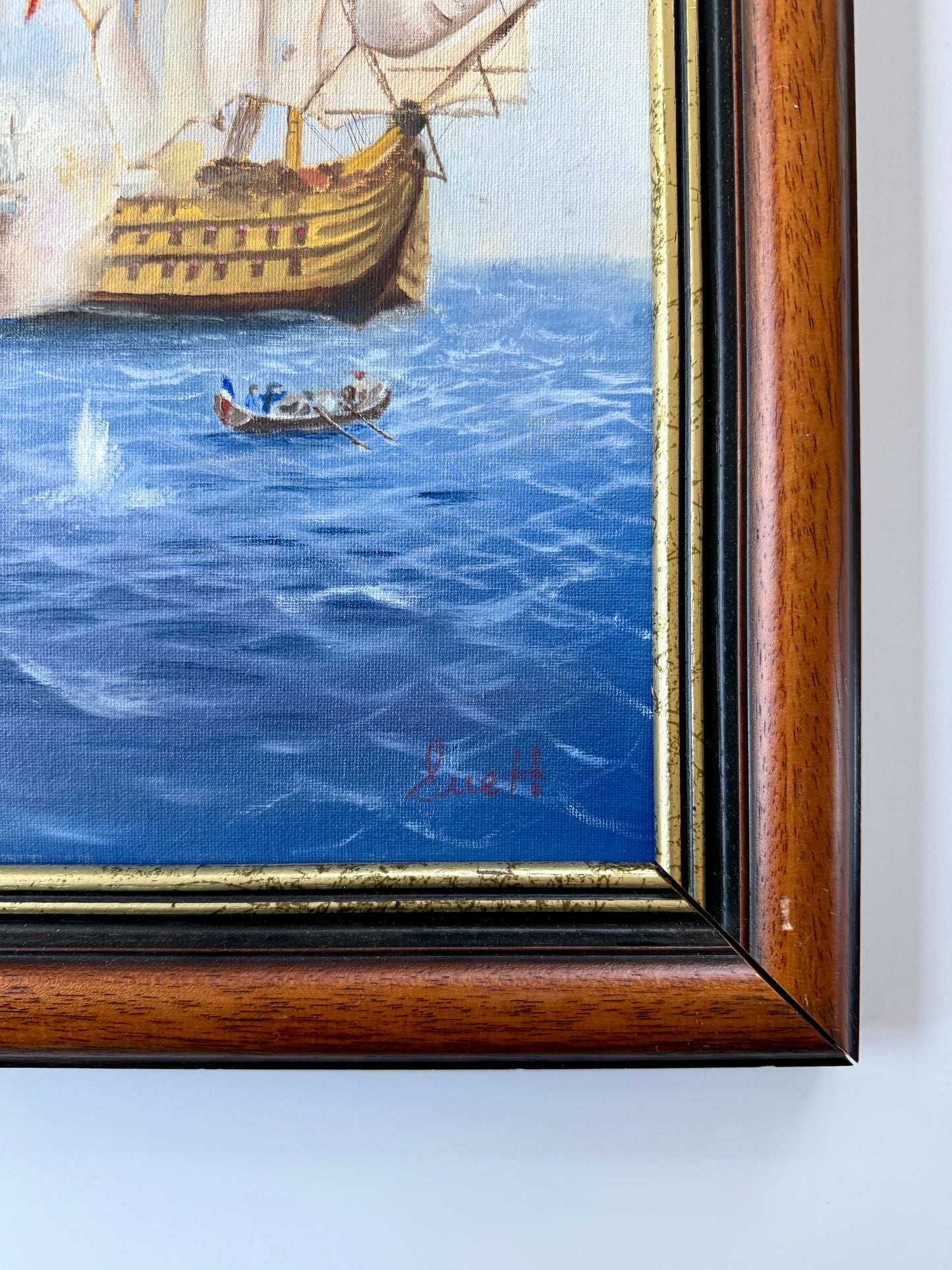 Vintage Naval Battle of Trafalgar Ships in Seascape Oil Painting in Wood Frame