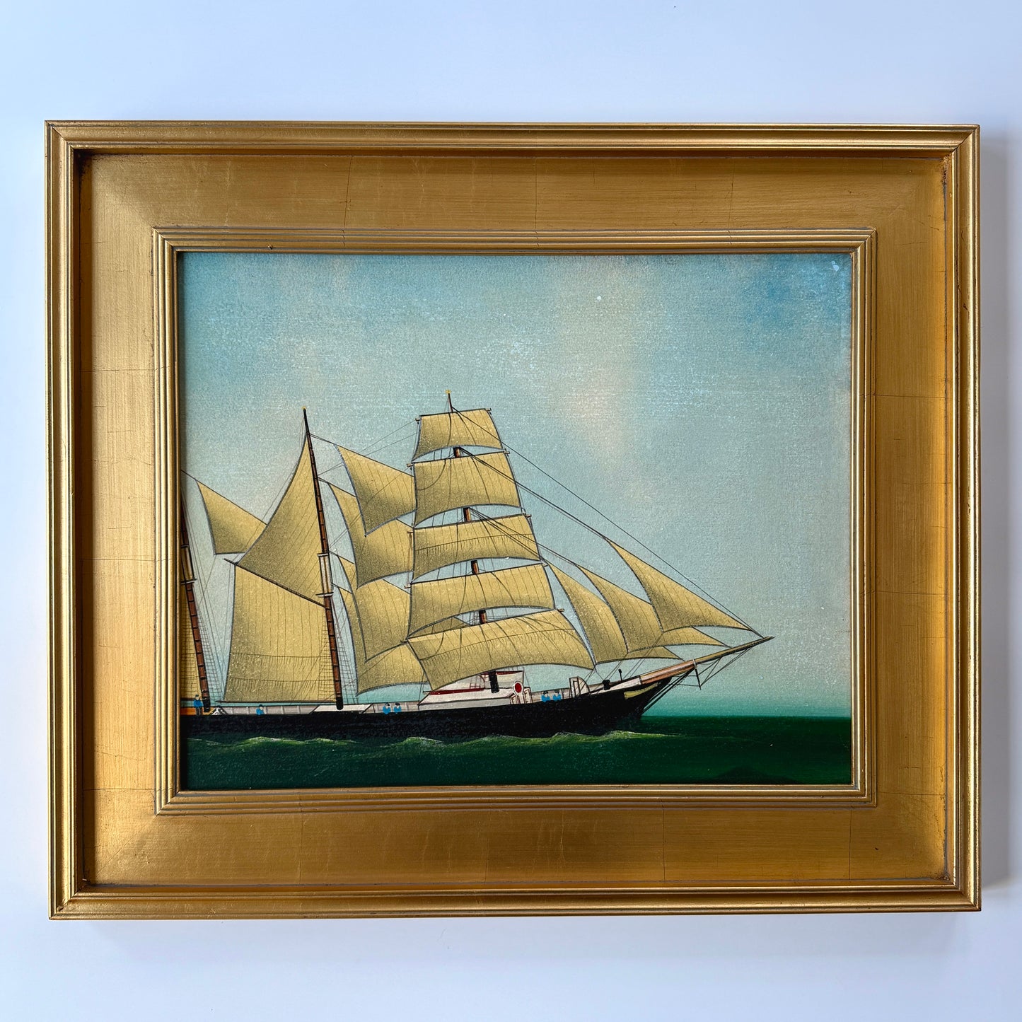 Paul Kitchin American Folk Art Sailboat Portrait Oil Painting in Gold Frame