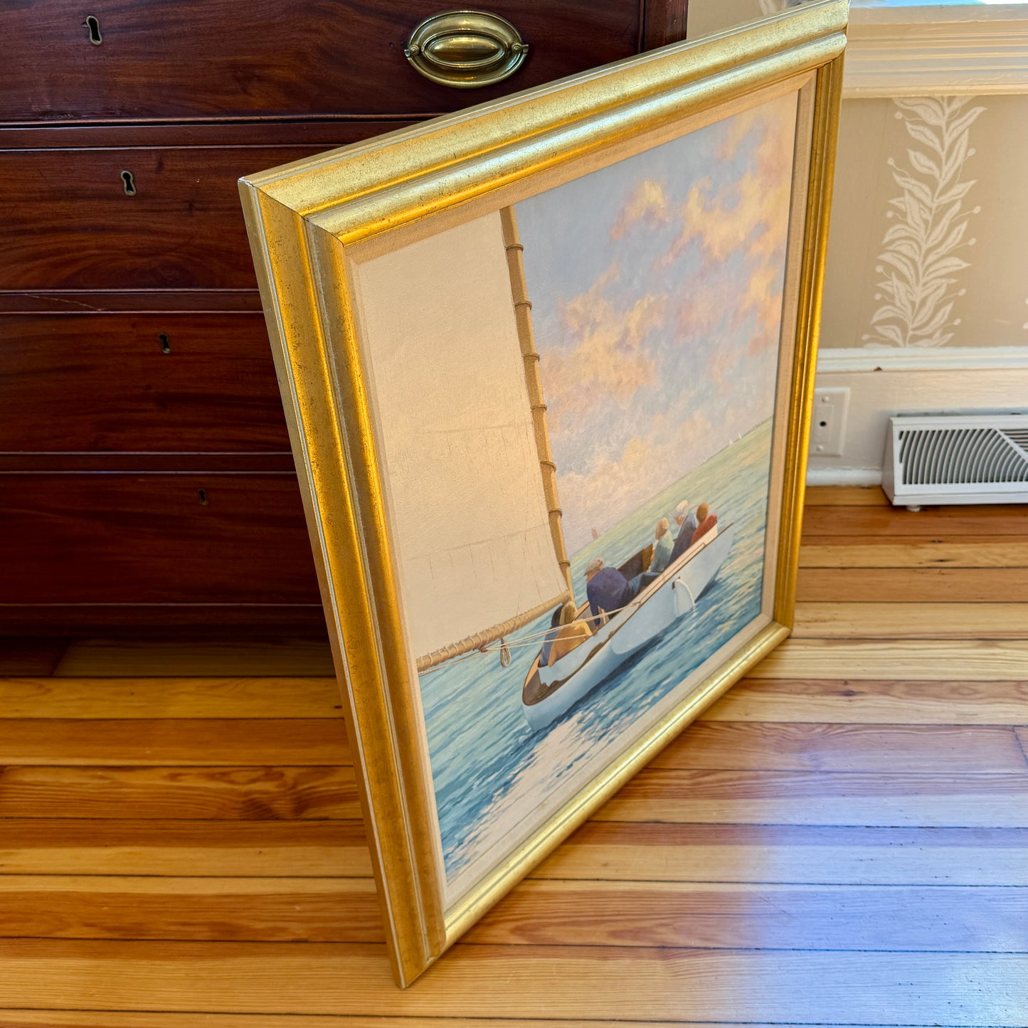 Anthony R. Thompson Sunday on the Bay Sailboat Cruise Seascape Oil Painting in Gold Frame