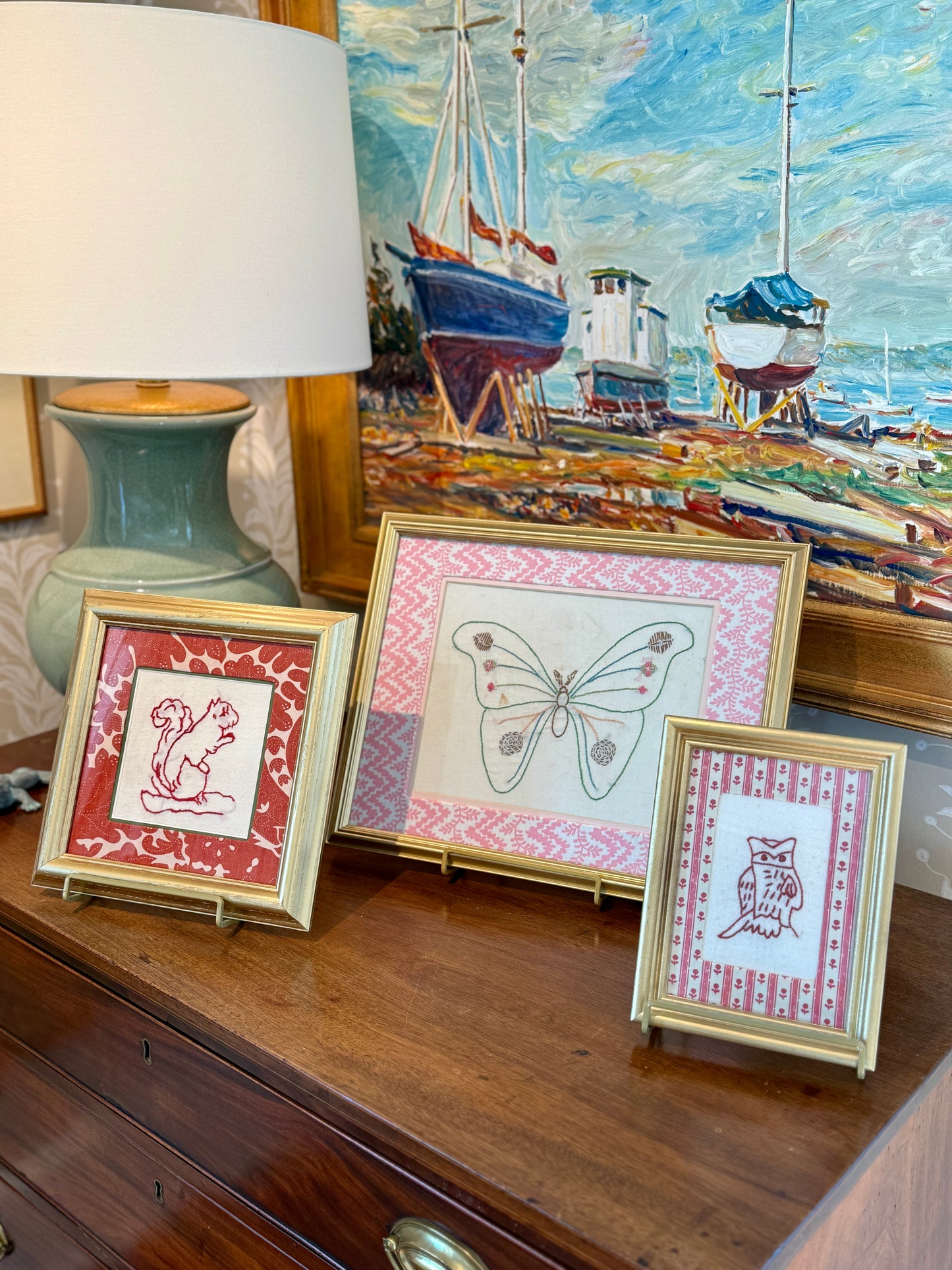 Antique Redwork Squirrel Embroidery on Red Designer Botanical Fabric in Gold Frame
