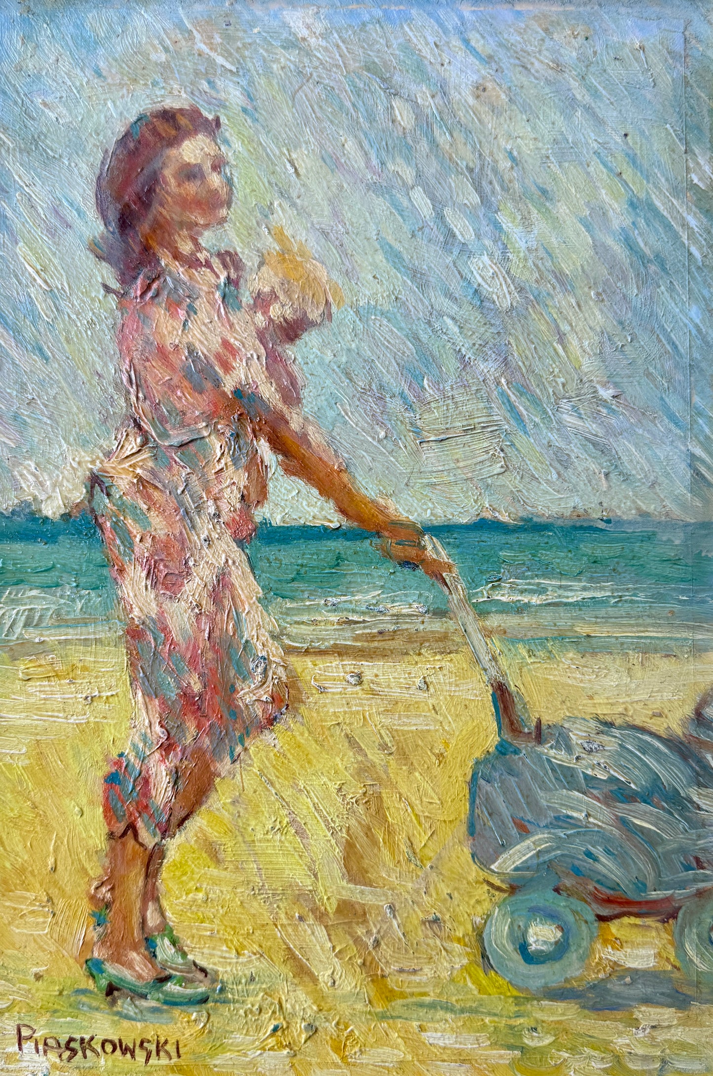 Vintage Mother and Child Beach Walk Impressionist Oil Painting Portrait in Gold Flowered Frame