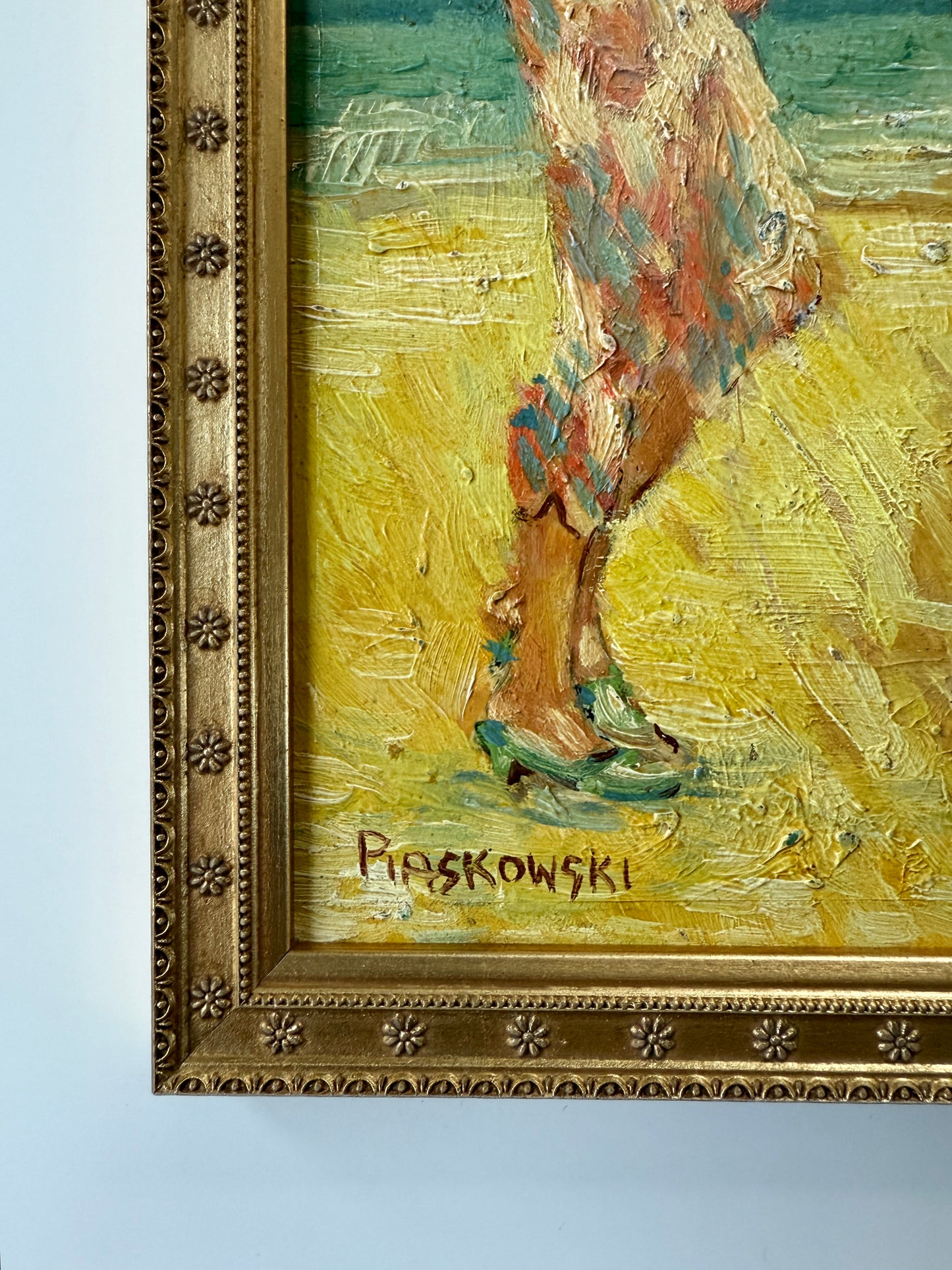 Vintage Mother and Child Beach Walk Impressionist Oil Painting Portrait in Gold Flowered Frame