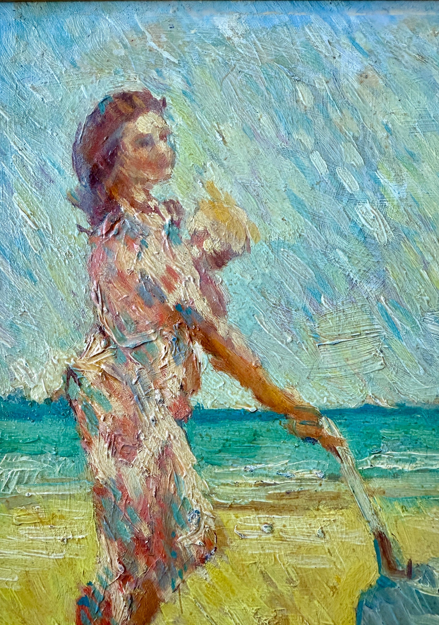 Vintage Mother and Child Beach Walk Impressionist Oil Painting Portrait in Gold Flowered Frame
