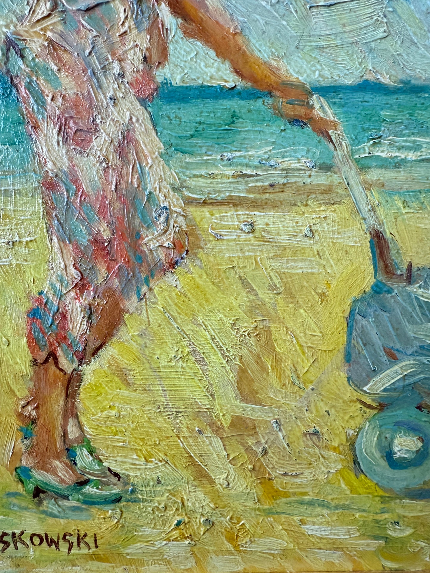 Vintage Mother and Child Beach Walk Impressionist Oil Painting Portrait in Gold Flowered Frame