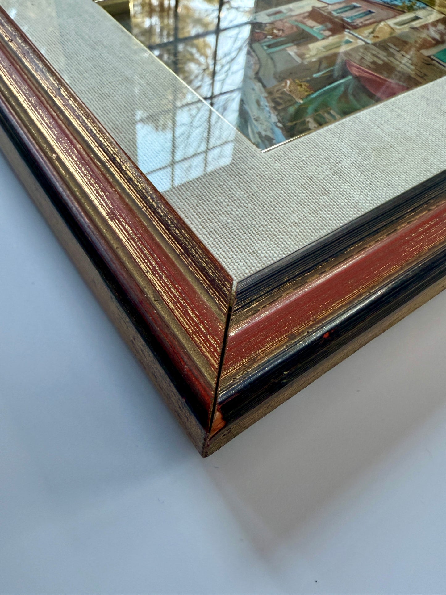 Vintage Italian Street Scene Oil Painting in Wood and Gilded Frame