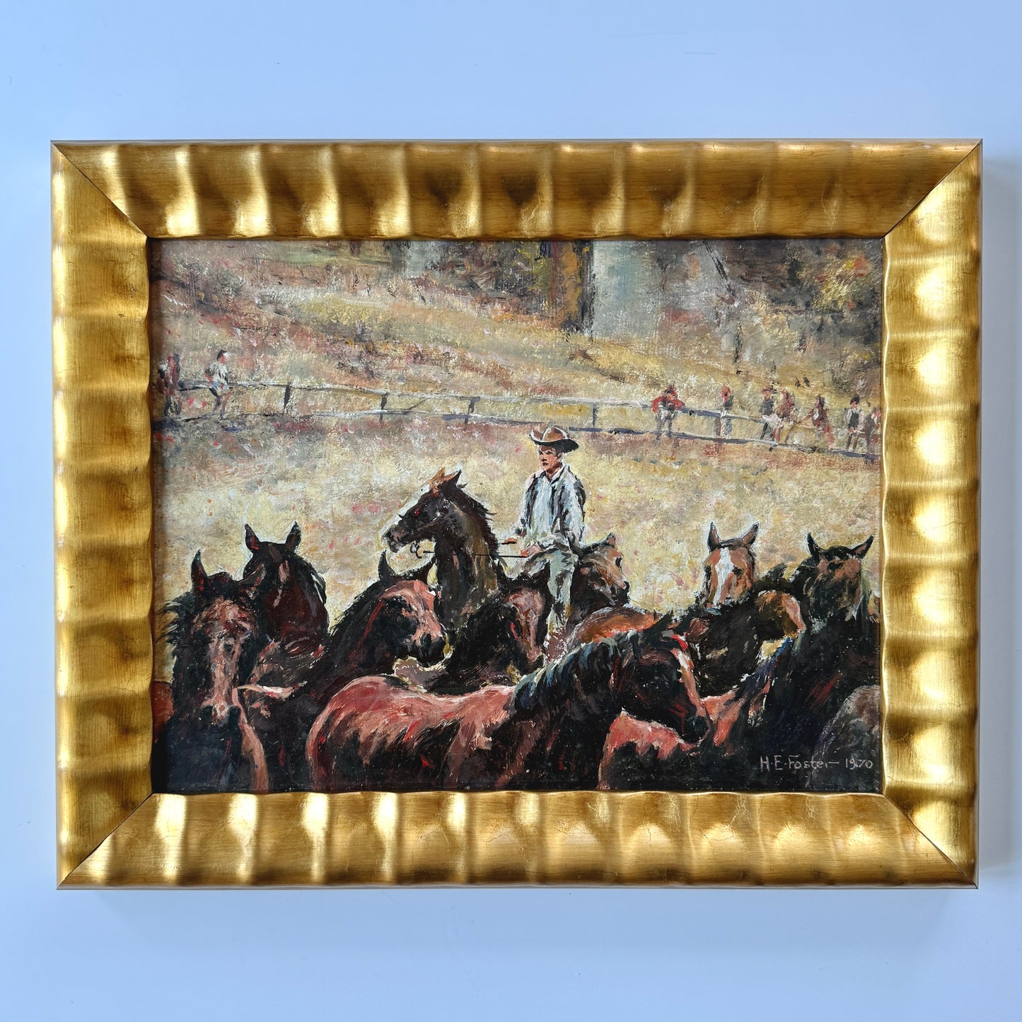 Henry E. Foster 1970 Rounding Up Cowboy and His Horses Painting in Wavy Gold Frame