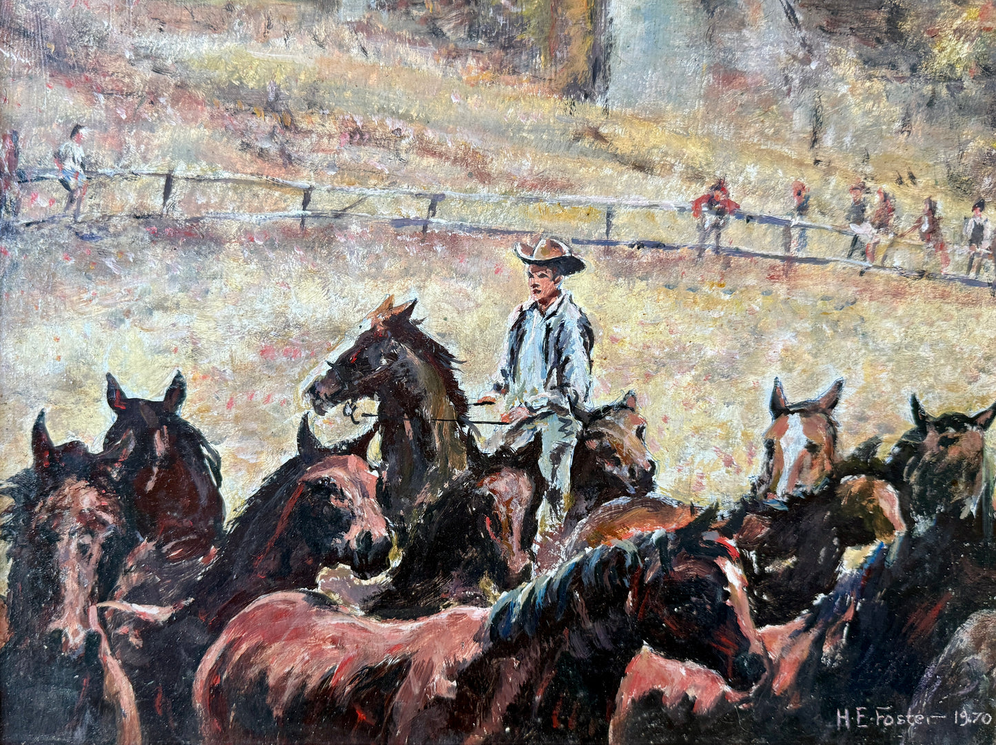 Henry E. Foster 1970 Rounding Up Cowboy and His Horses Painting in Wavy Gold Frame