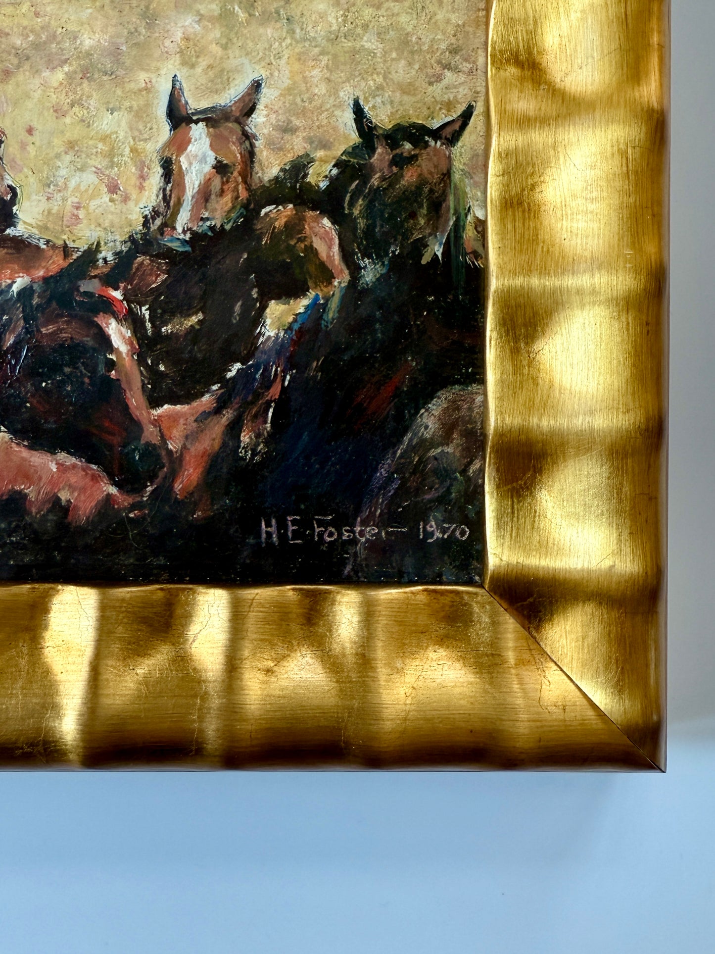 Henry E. Foster 1970 Rounding Up Cowboy and His Horses Painting in Wavy Gold Frame