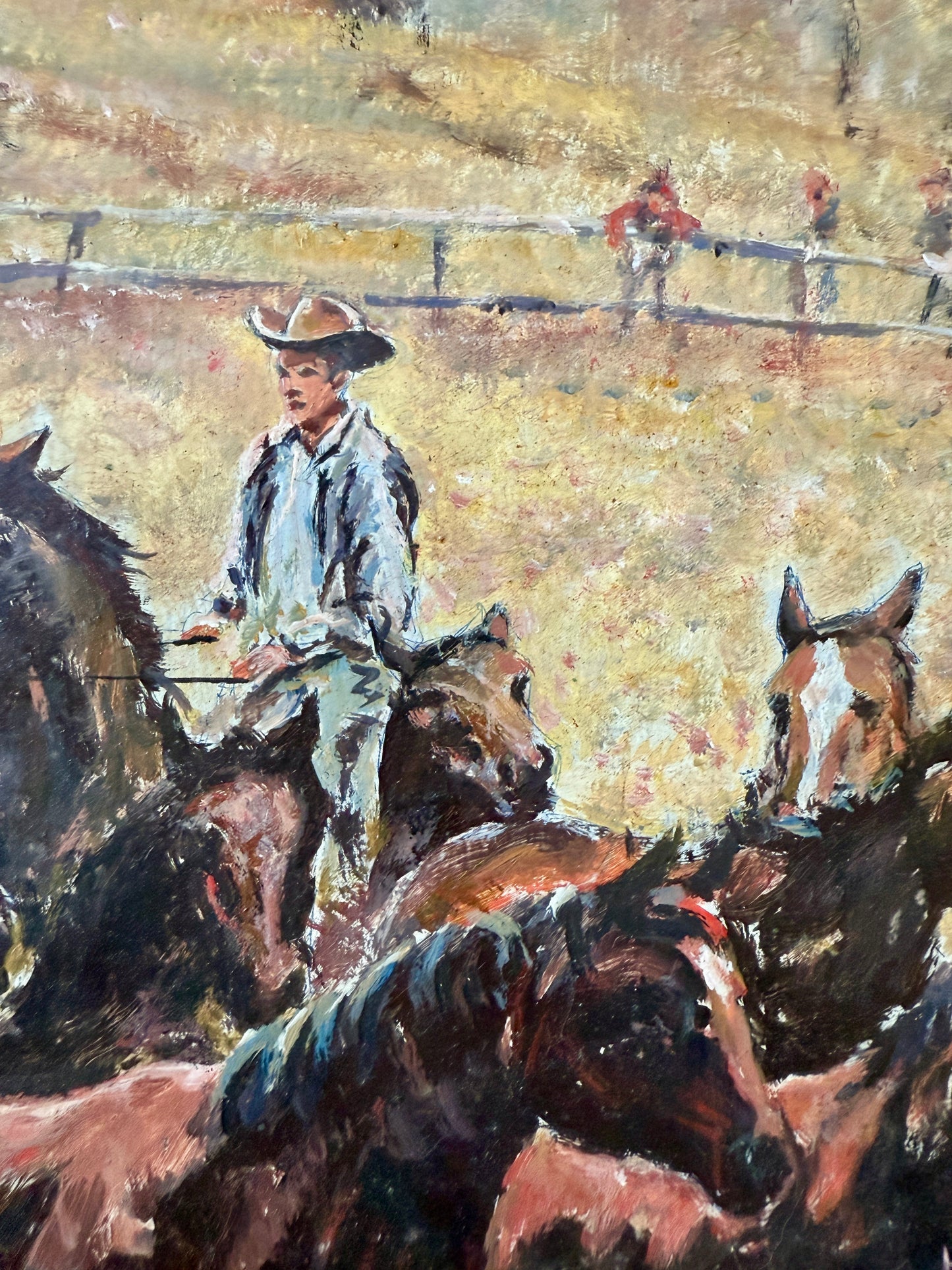 Henry E. Foster 1970 Rounding Up Cowboy and His Horses Painting in Wavy Gold Frame
