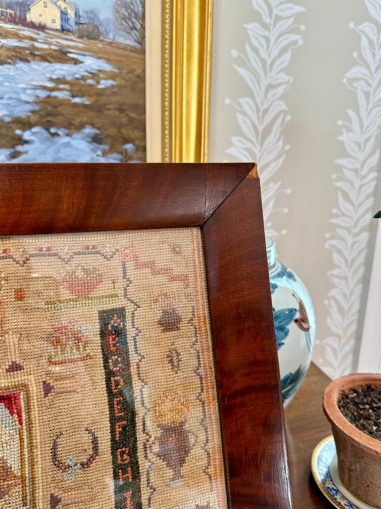 1940 Silk and Wool Sampler with Seascape in 19th Century Wood Frame