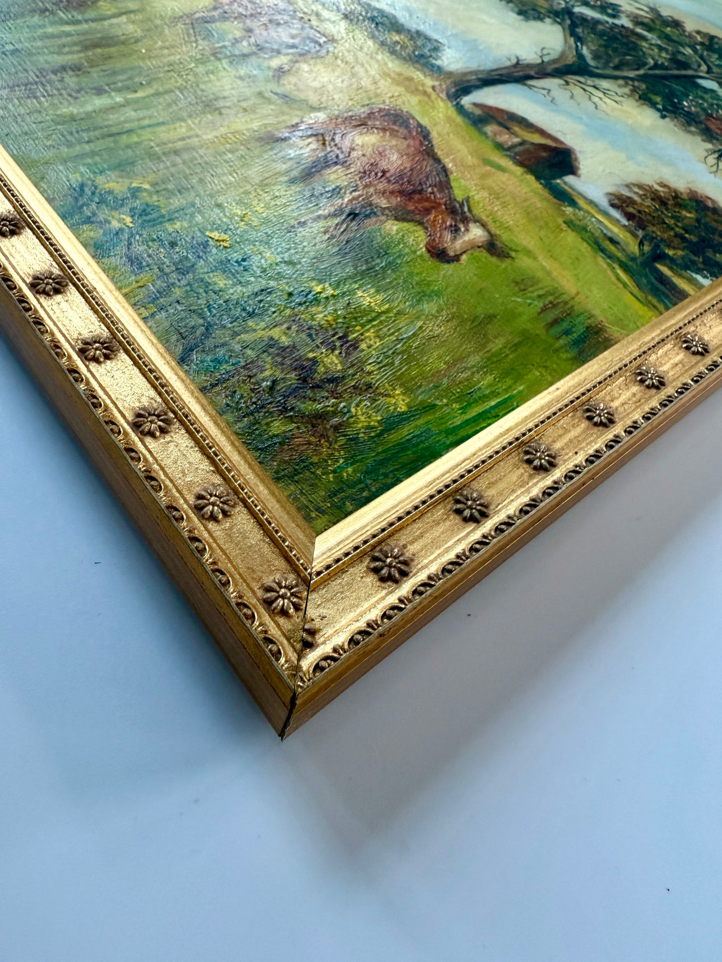 1958 Cows in Meadow Landscape in Gold Flowered Frame